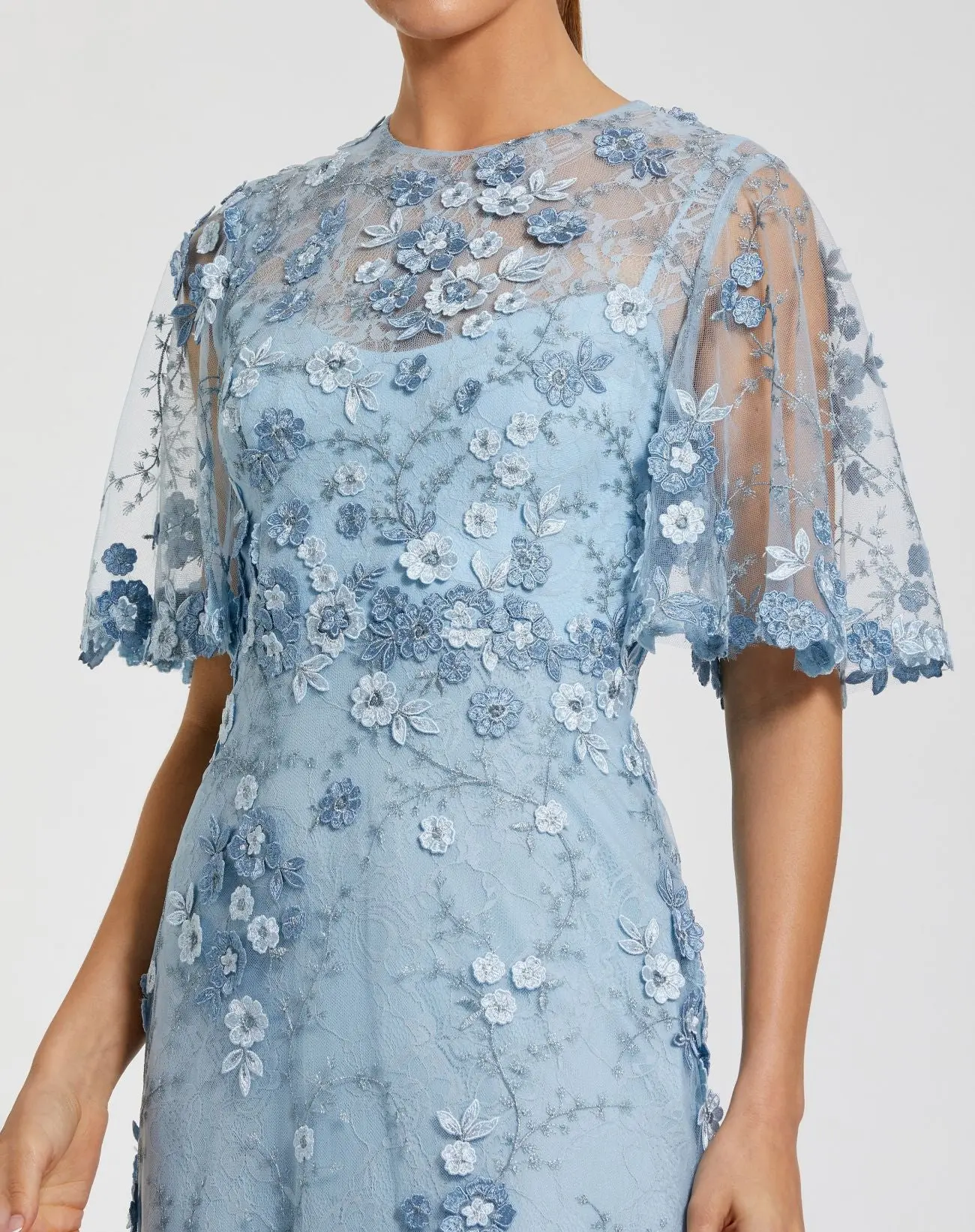 Petite Blue Flutter Sleeve Floral Embroidered Net Gown - Image 2