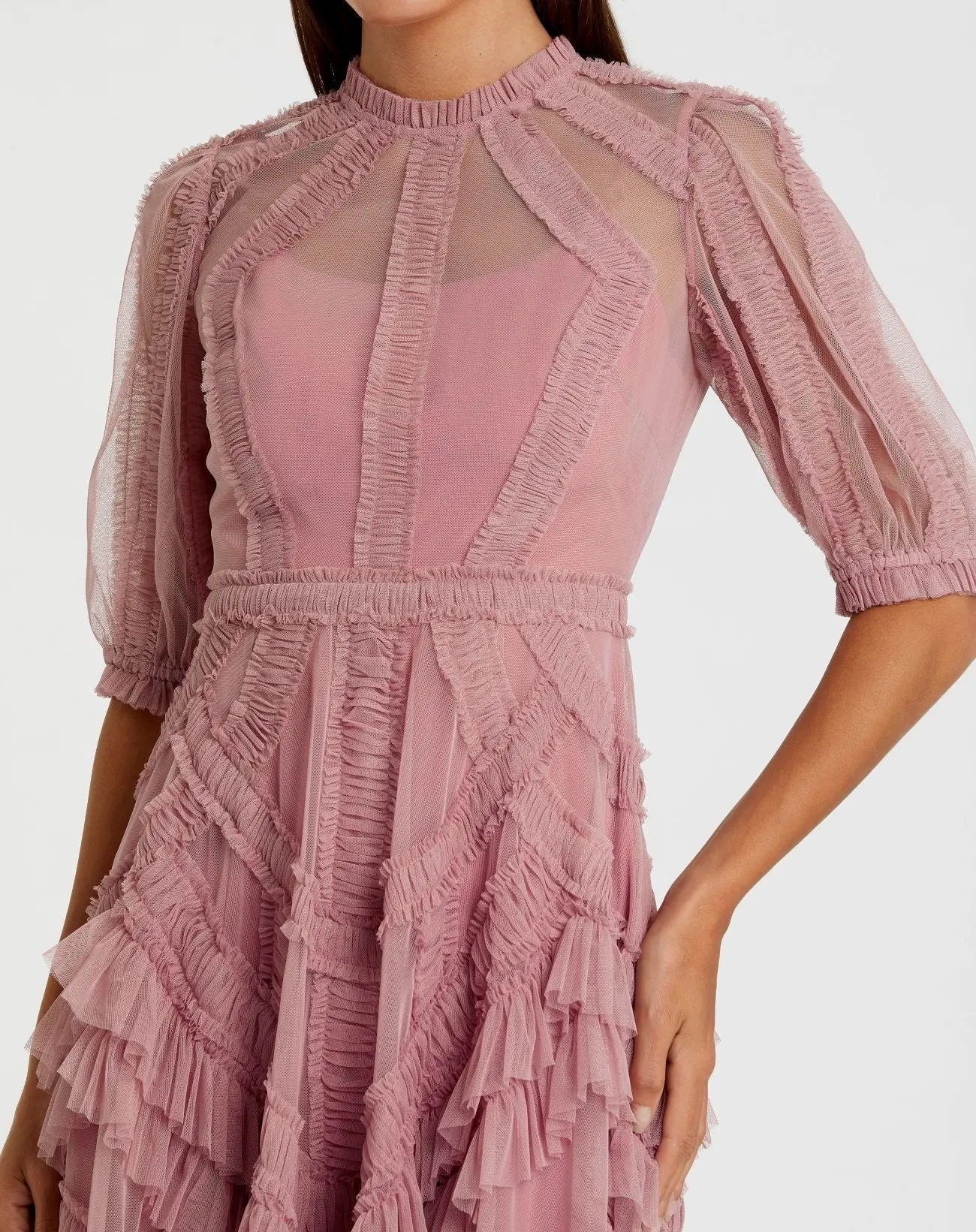 Petite Pink High Neck Ruffle Tiered A-Line Midi Dress - Image 2