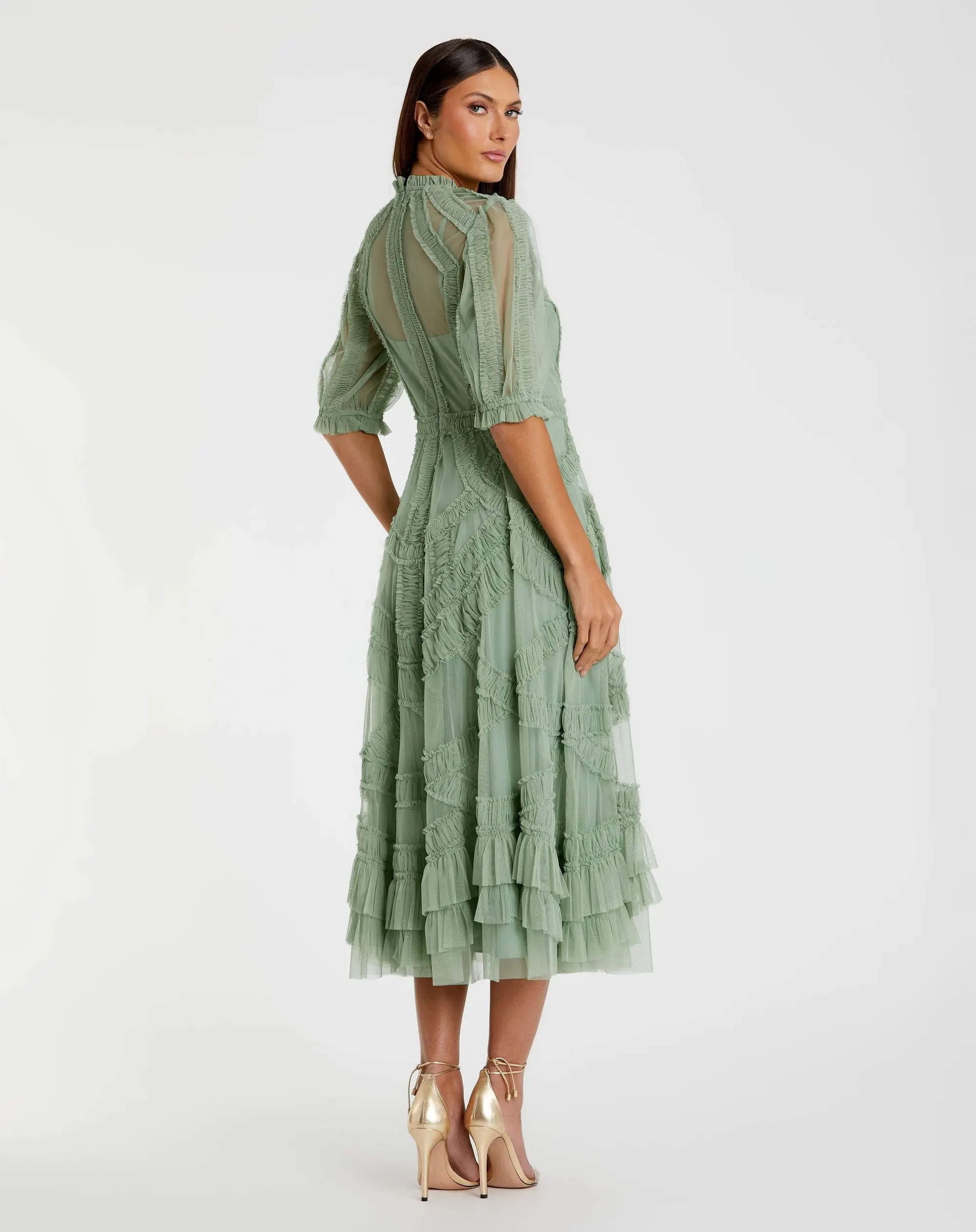 Petite Green High Neck Ruffle Tiered A-Line Midi Dress - Image 3