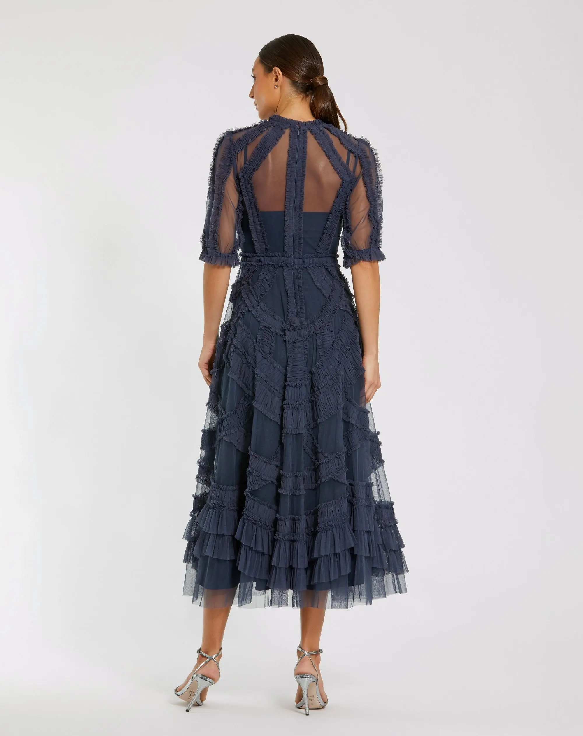 Petite Navy High Neck Ruffle Tiered A-Line Midi Dress - Image 3
