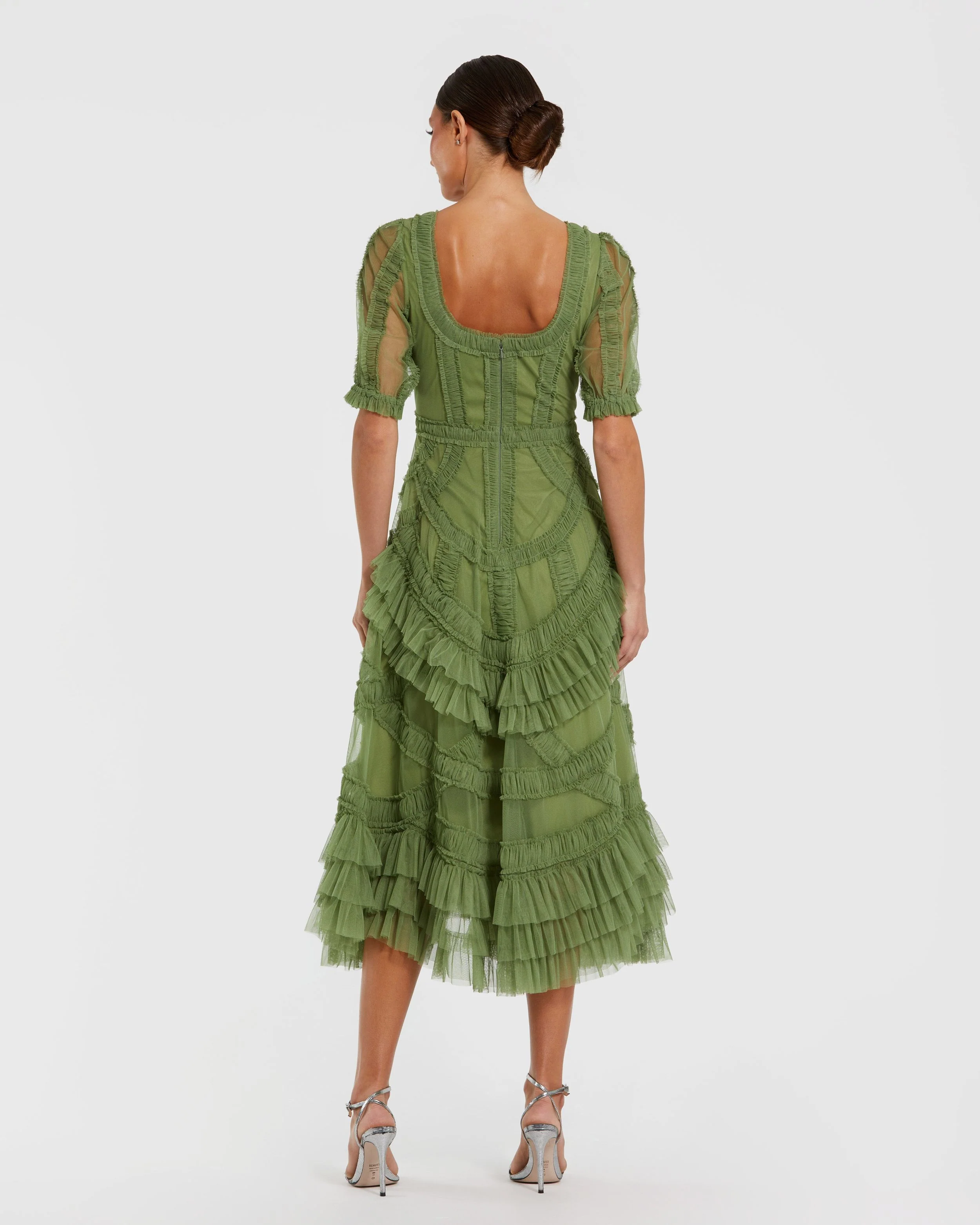 Petite Green Short Sleeve Micro Ruffle Midi Dress - Image 3