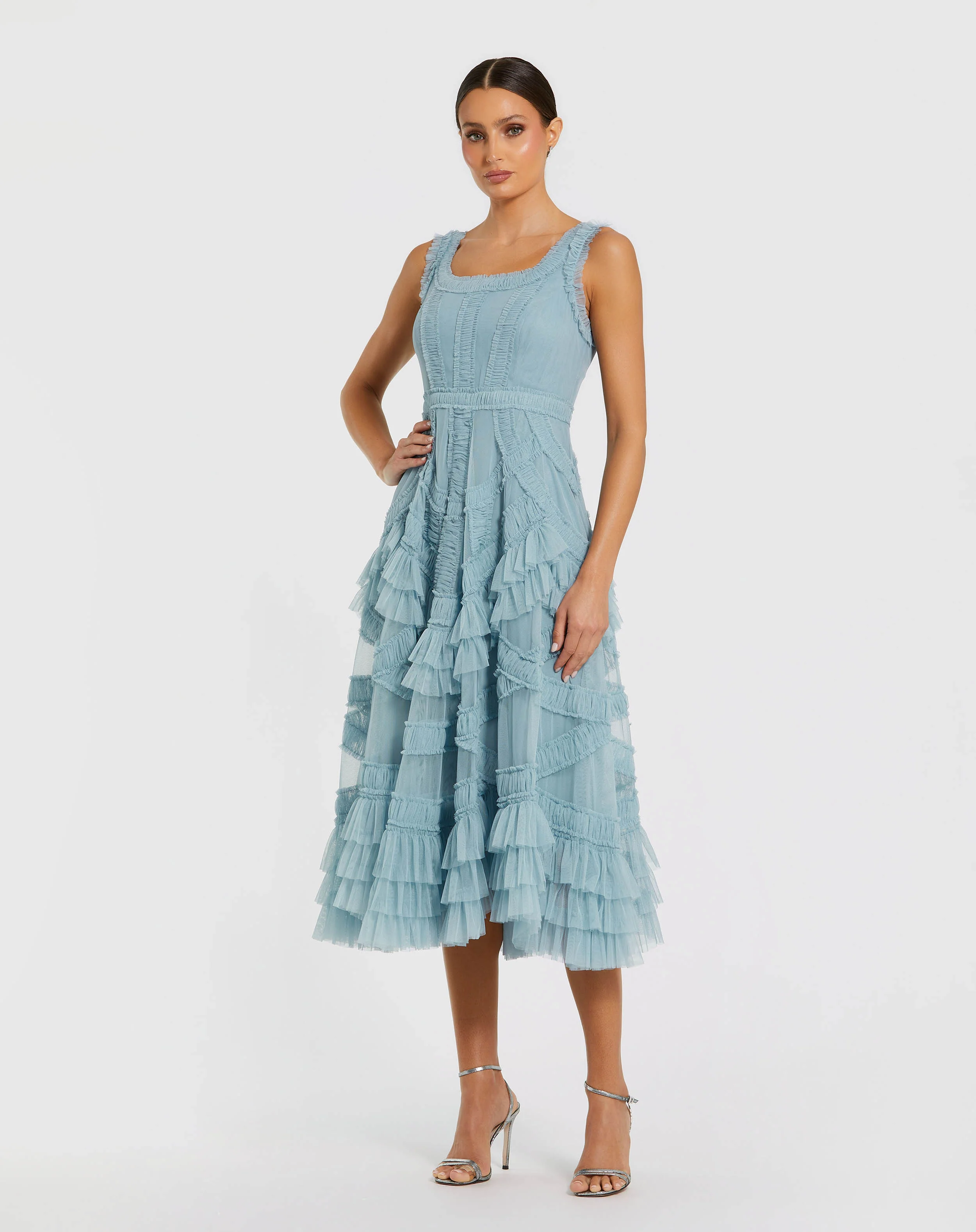 Petite Blue Scoop Neck Sleeveless Micro Ruffle Midi Dress