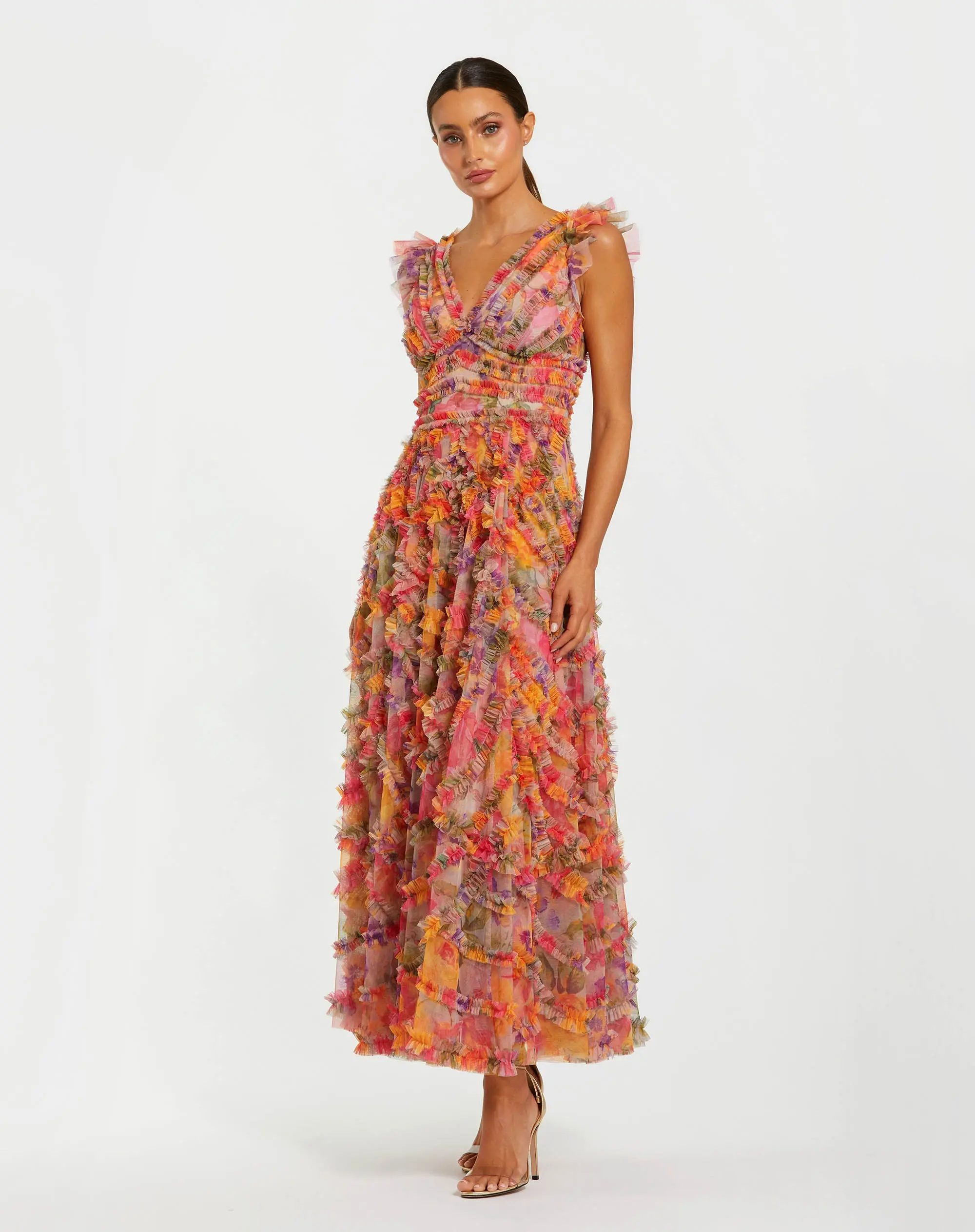 Petite Multicolor Floral V-Neck Ruffle Maxi Dress