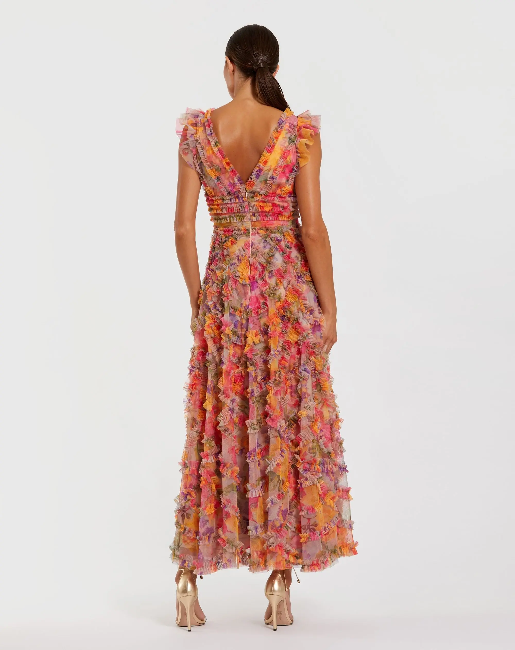 Petite Multicolor Floral V-Neck Ruffle Maxi Dress - Image 3