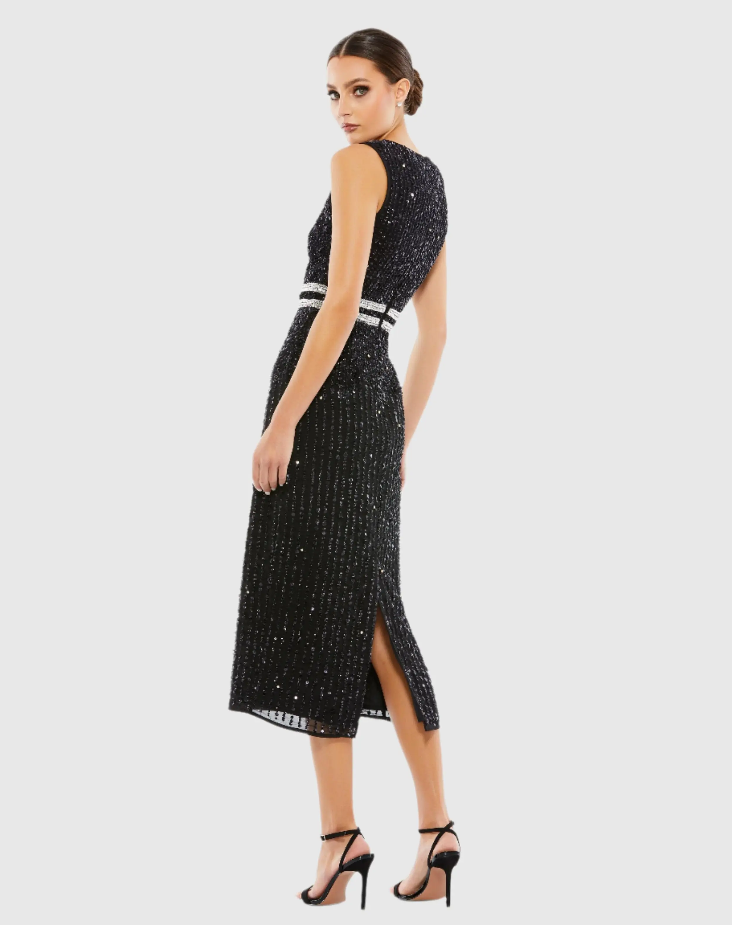 Black Sleeveless High Neck Beaded Midi Sheath Dress - Image 3