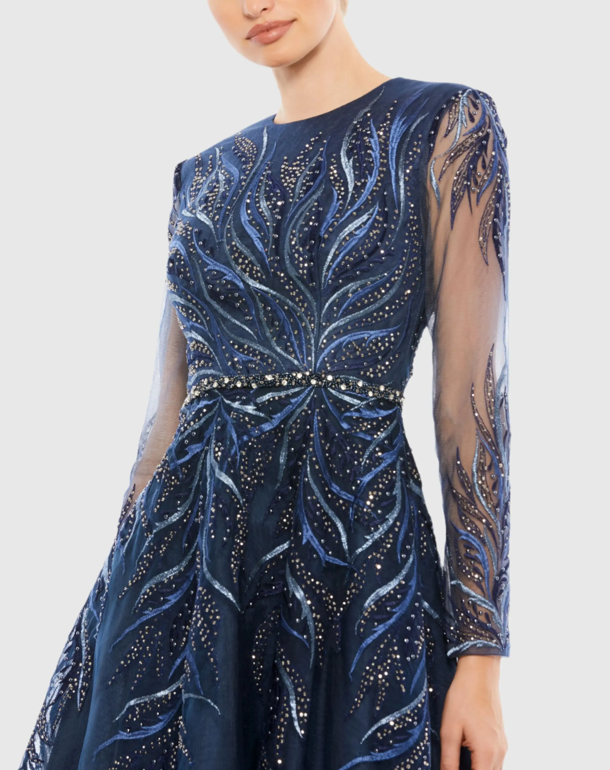 Navy Embellished Tea-Length Illusion Cocktail Dress - Image 2