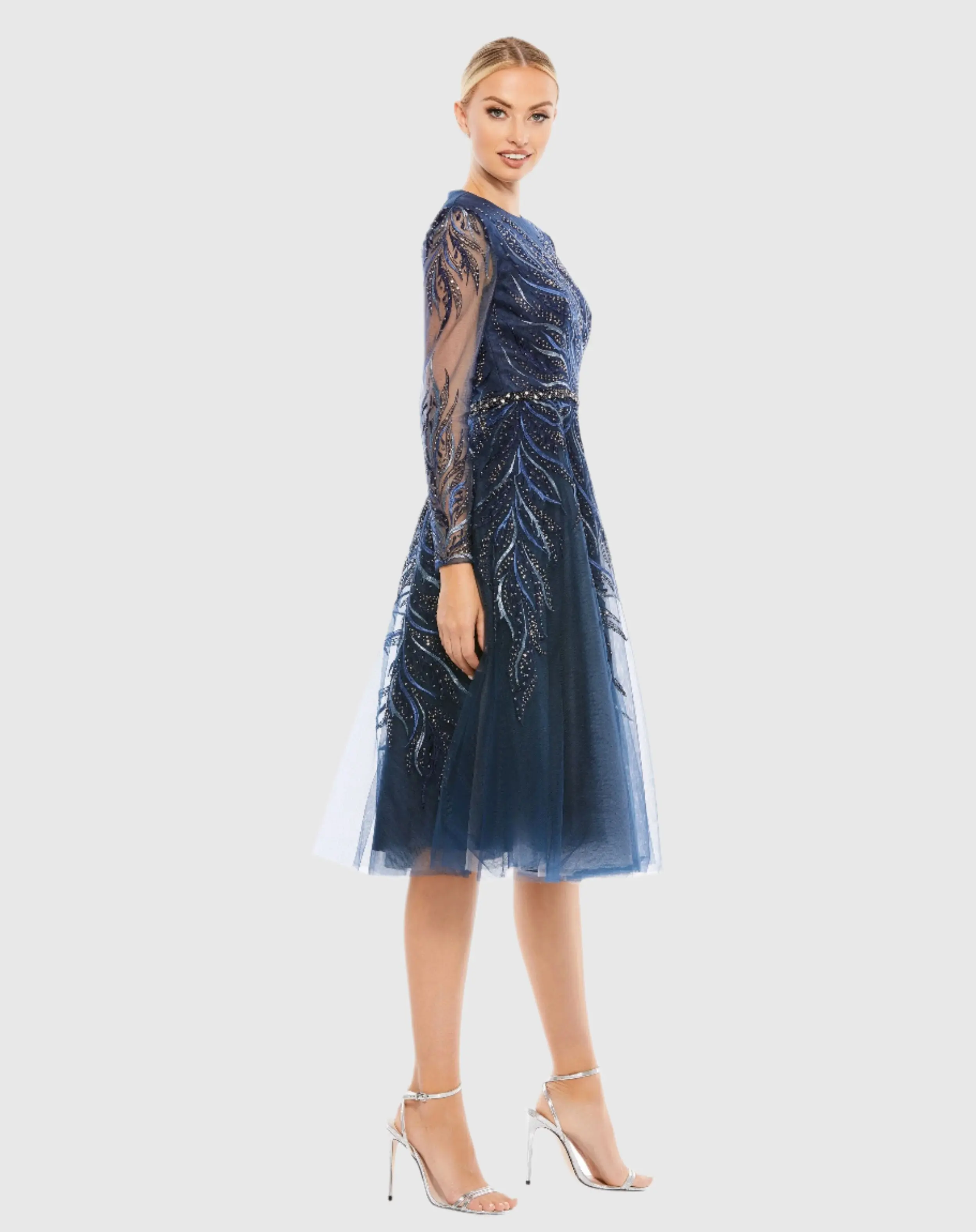 Navy Embellished Tea-Length Illusion Cocktail Dress - Image 3
