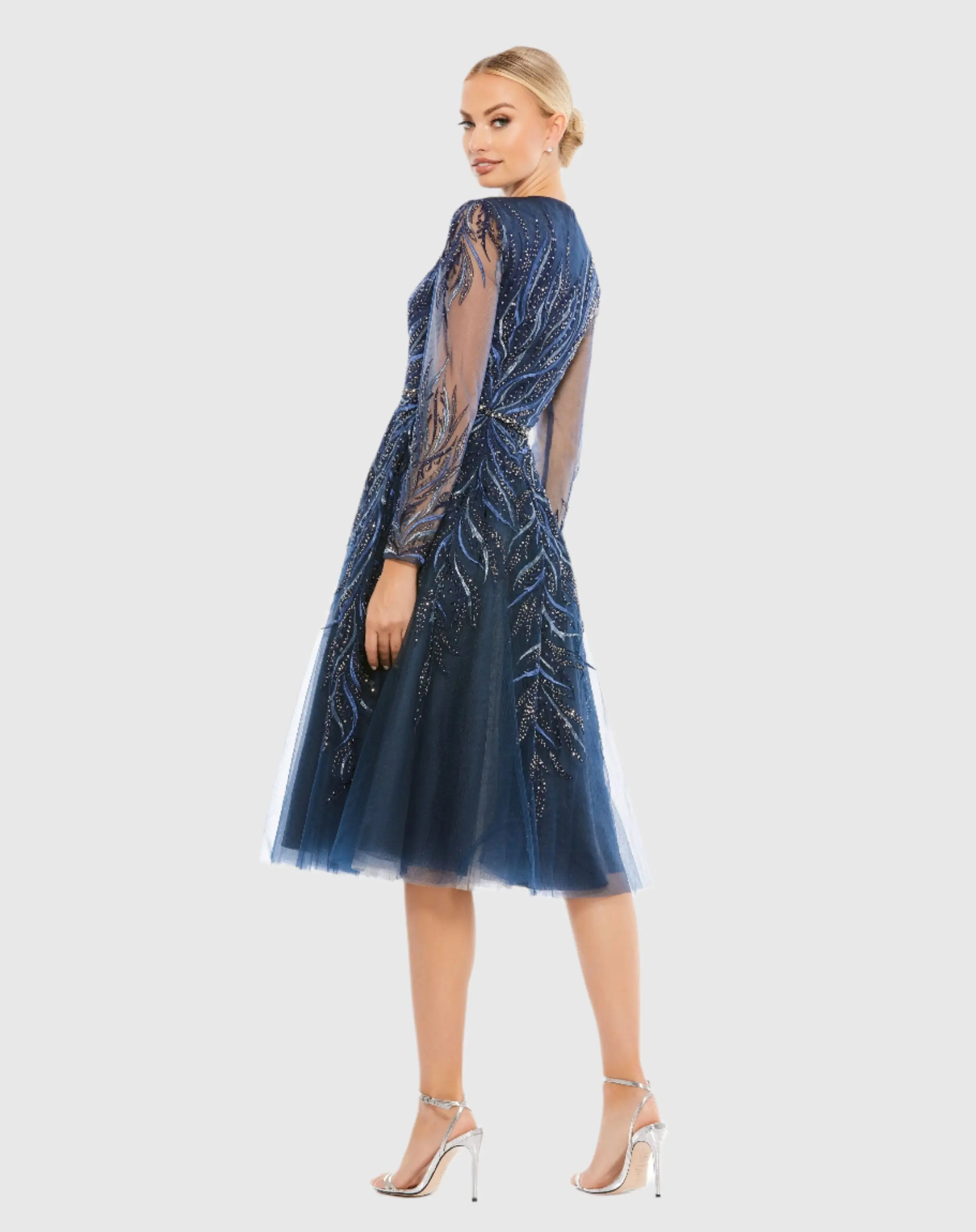 Navy Embellished Tea-Length Illusion Cocktail Dress - Image 4