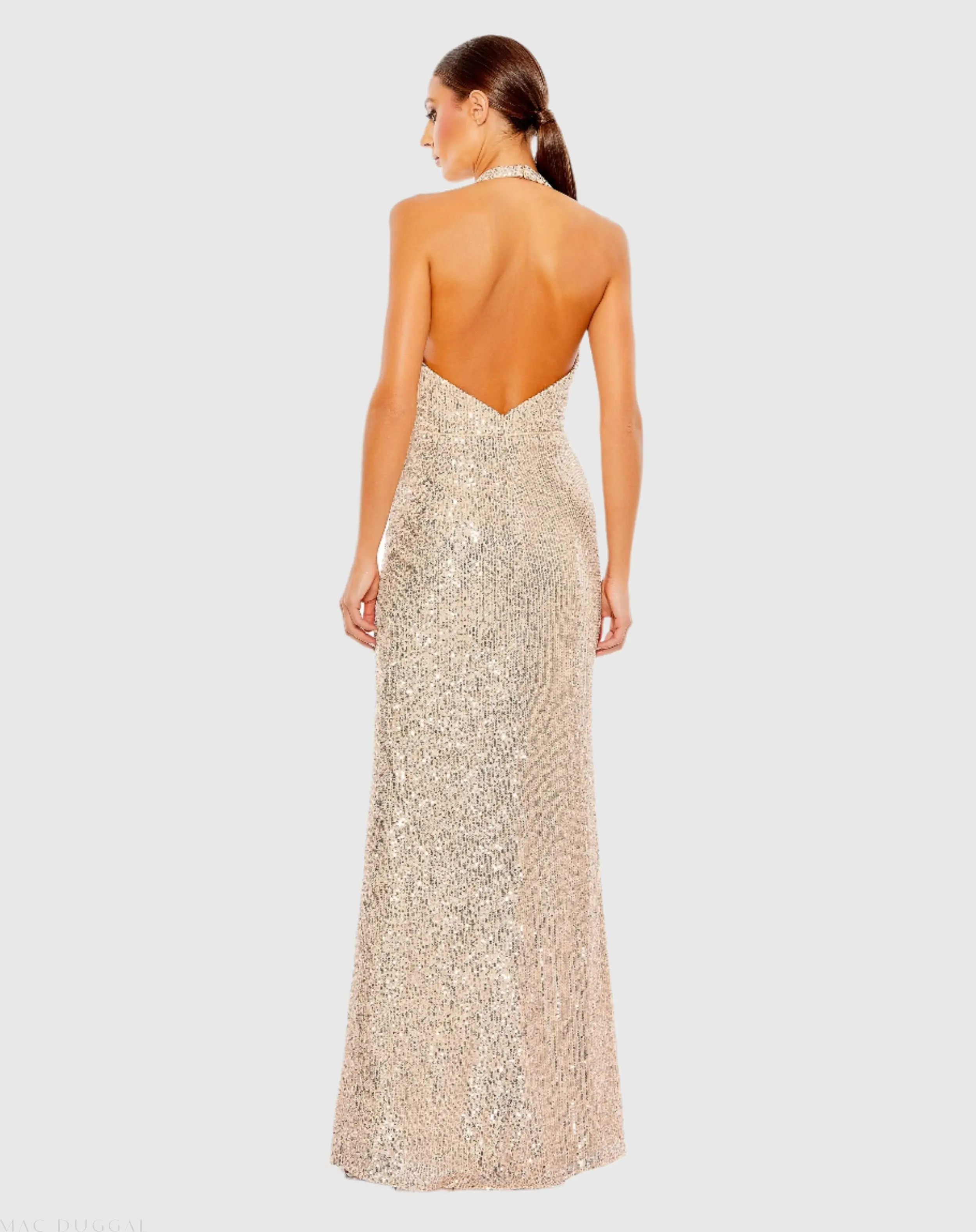 Gold Sequined Halter Strap Plunge Neck Gown - Image 2