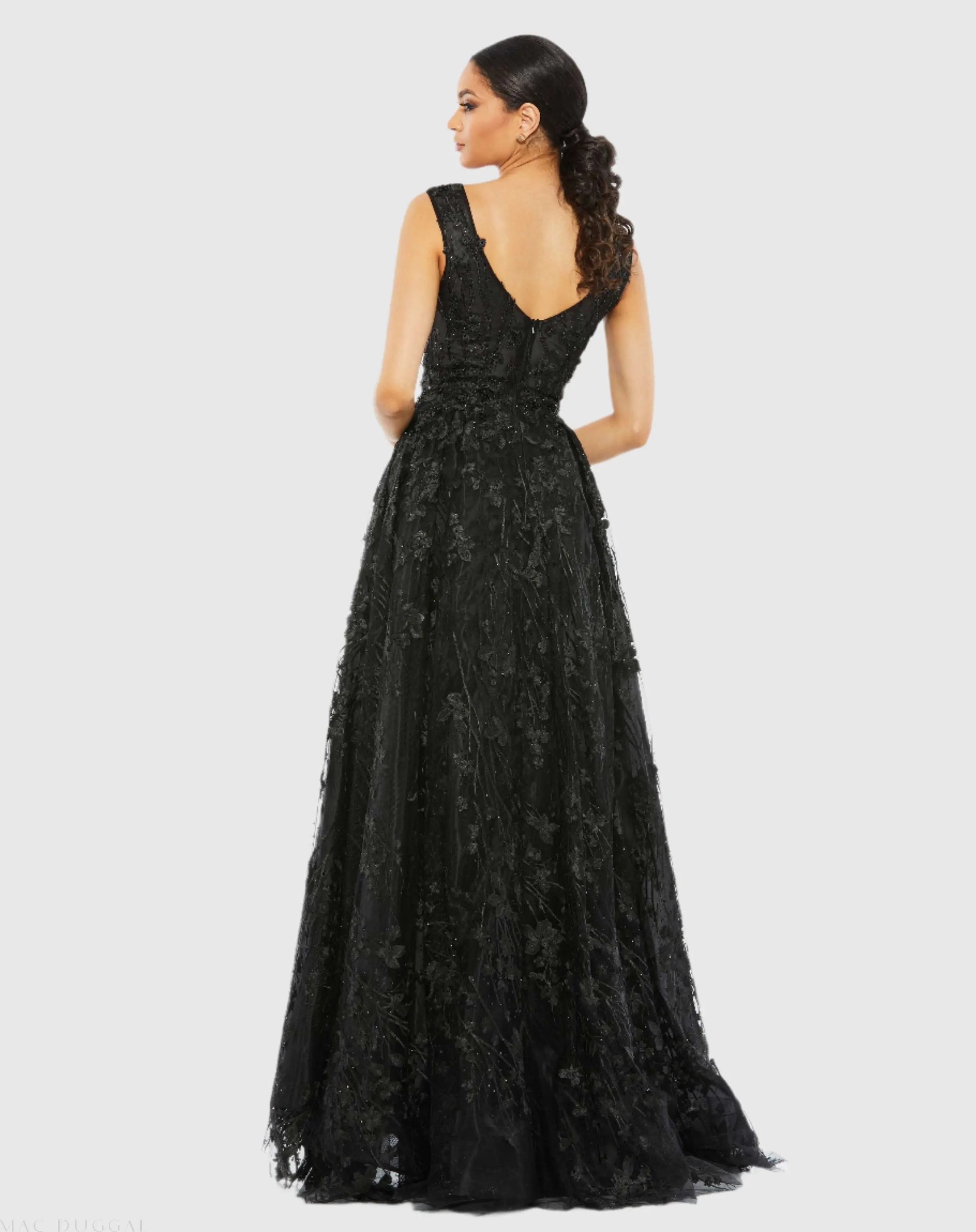 Black Floral Embroidered Illusion V-Neck Gown - Image 3