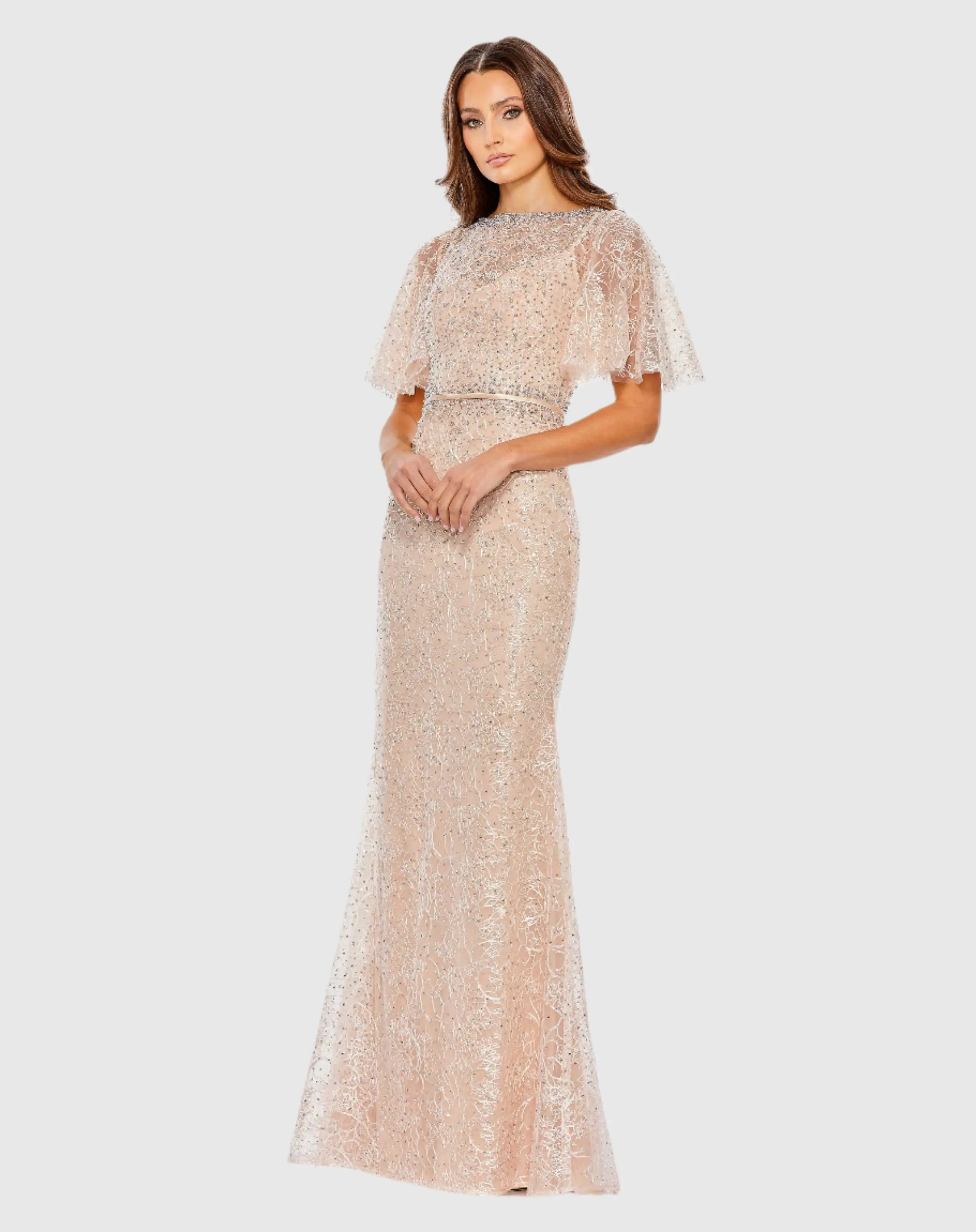 Pink Embellished Neck Butterfly Sleeve Trumpet Gown - FINAL SALE