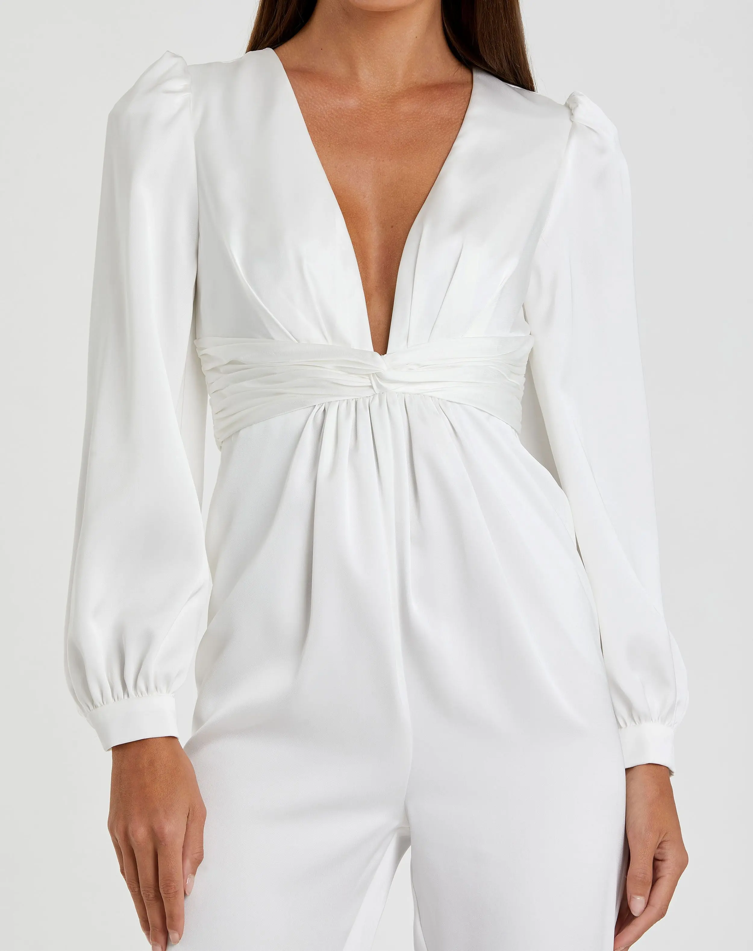 White Front Twist Puff Sleeve Deep V Jumpsuit - Image 2