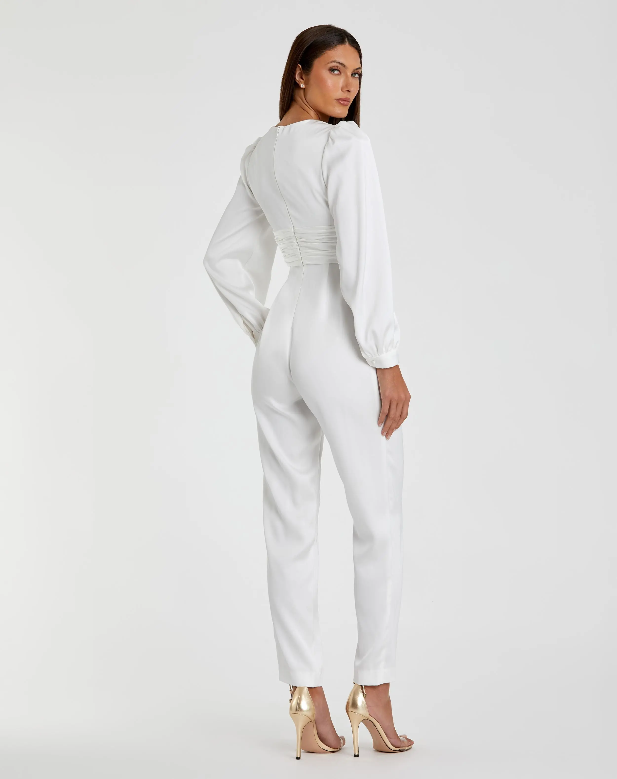 White Front Twist Puff Sleeve Deep V Jumpsuit - Image 3