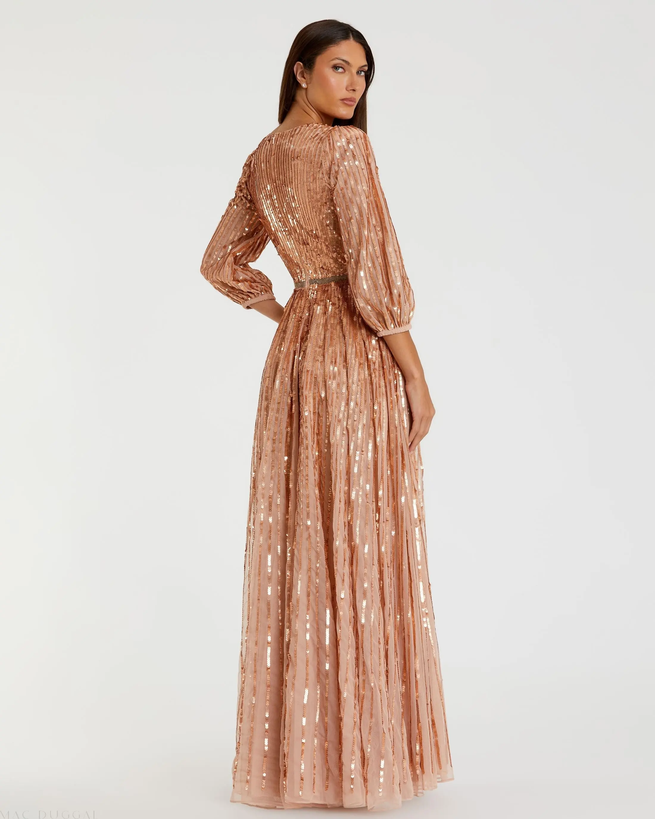 Pink Sequined Wrap Over 3/4 Sleeve Gown - Image 3