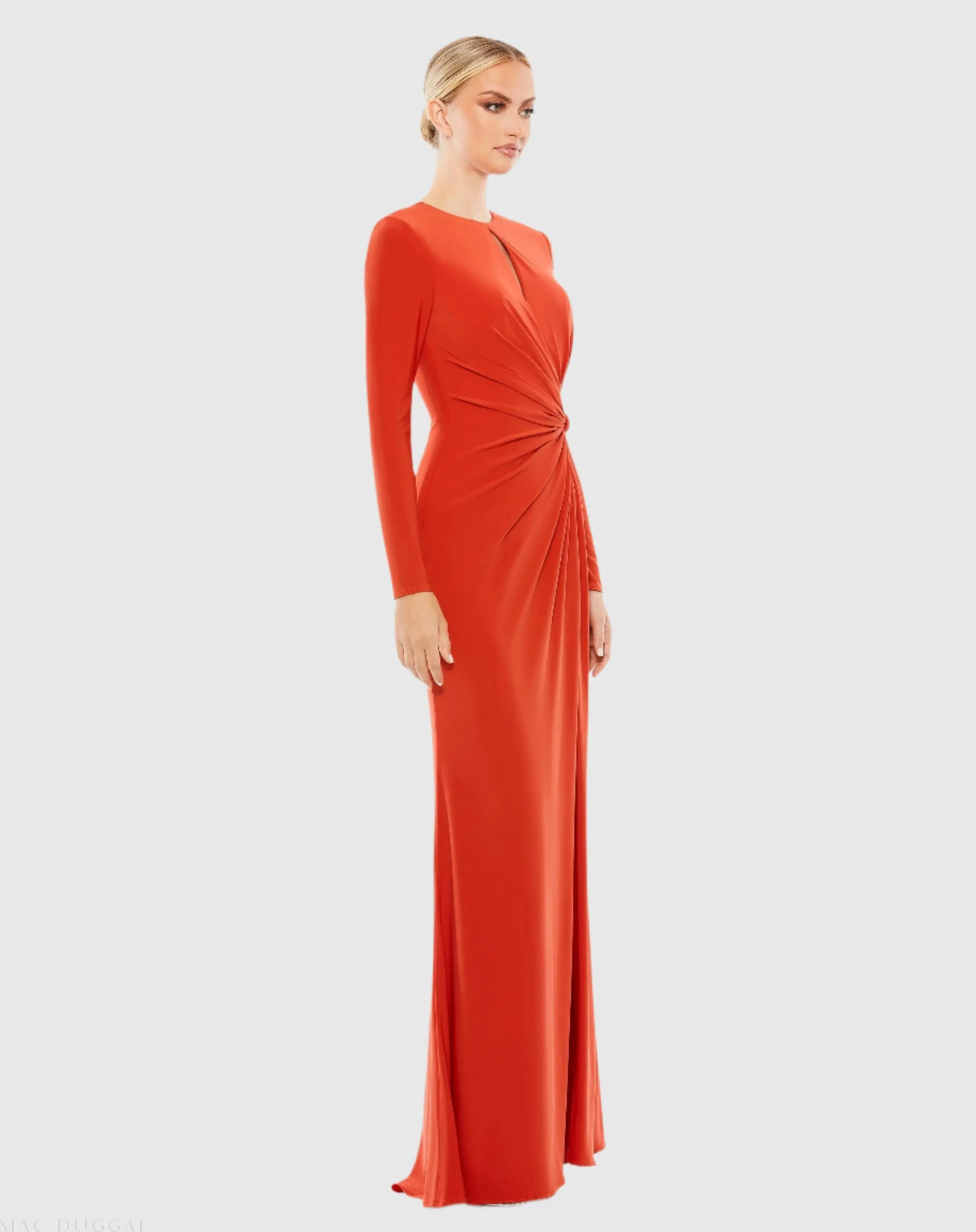 Red Long Sleeve Keyhole Draped Gown - Image 3