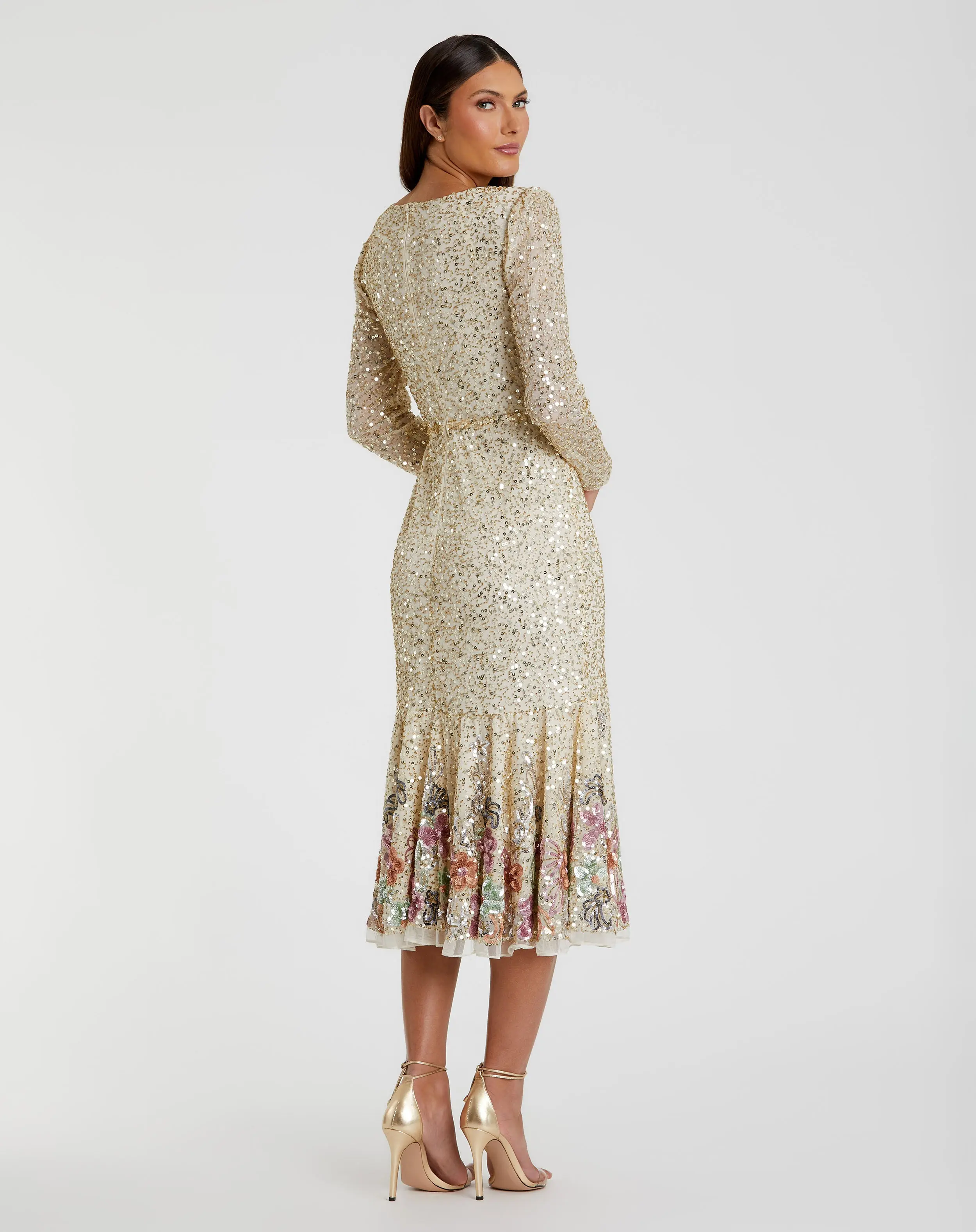 Gold Multicolor Faux Wrap Long Sleeve Tea Length Dress - FINAL SALE - Image 3