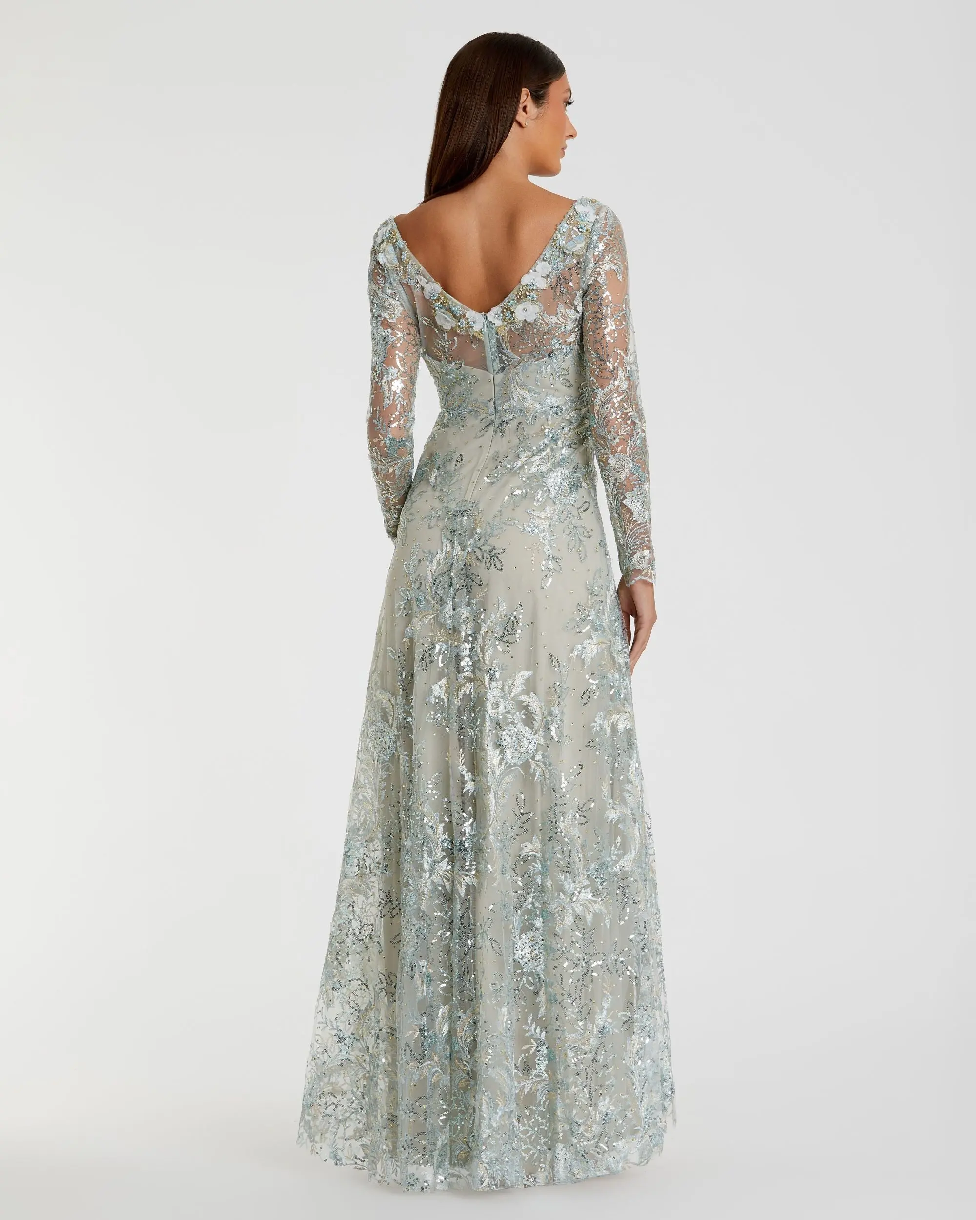 Green Floral Embroidered Illusion Long Sleeve Gown - Image 3
