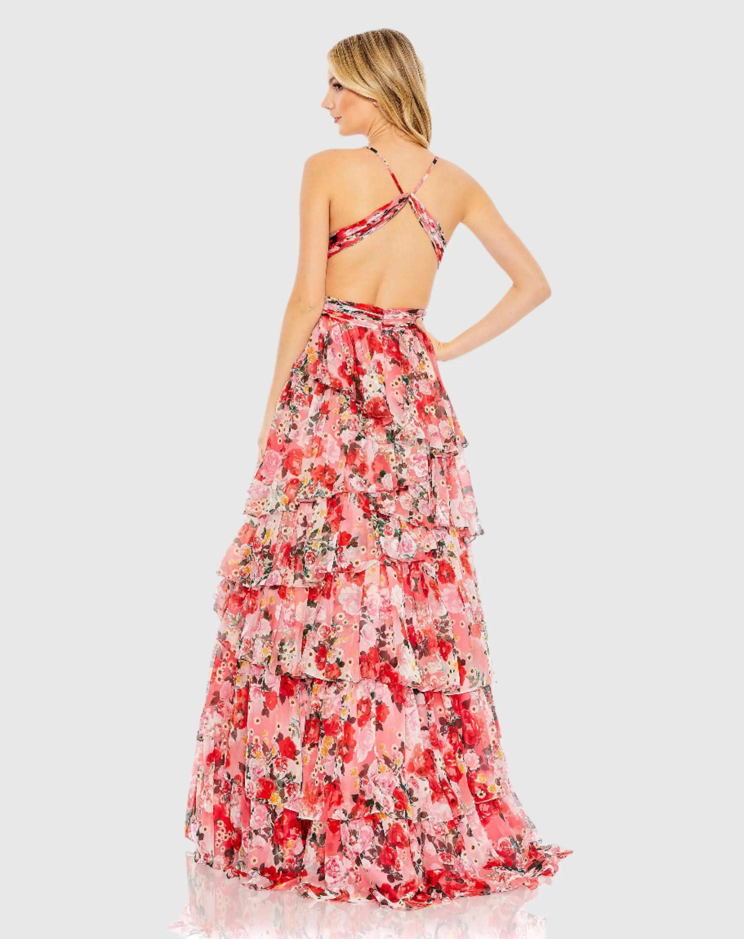 Red Pleated Chiffon Cut Out Ball Gown - Image 2