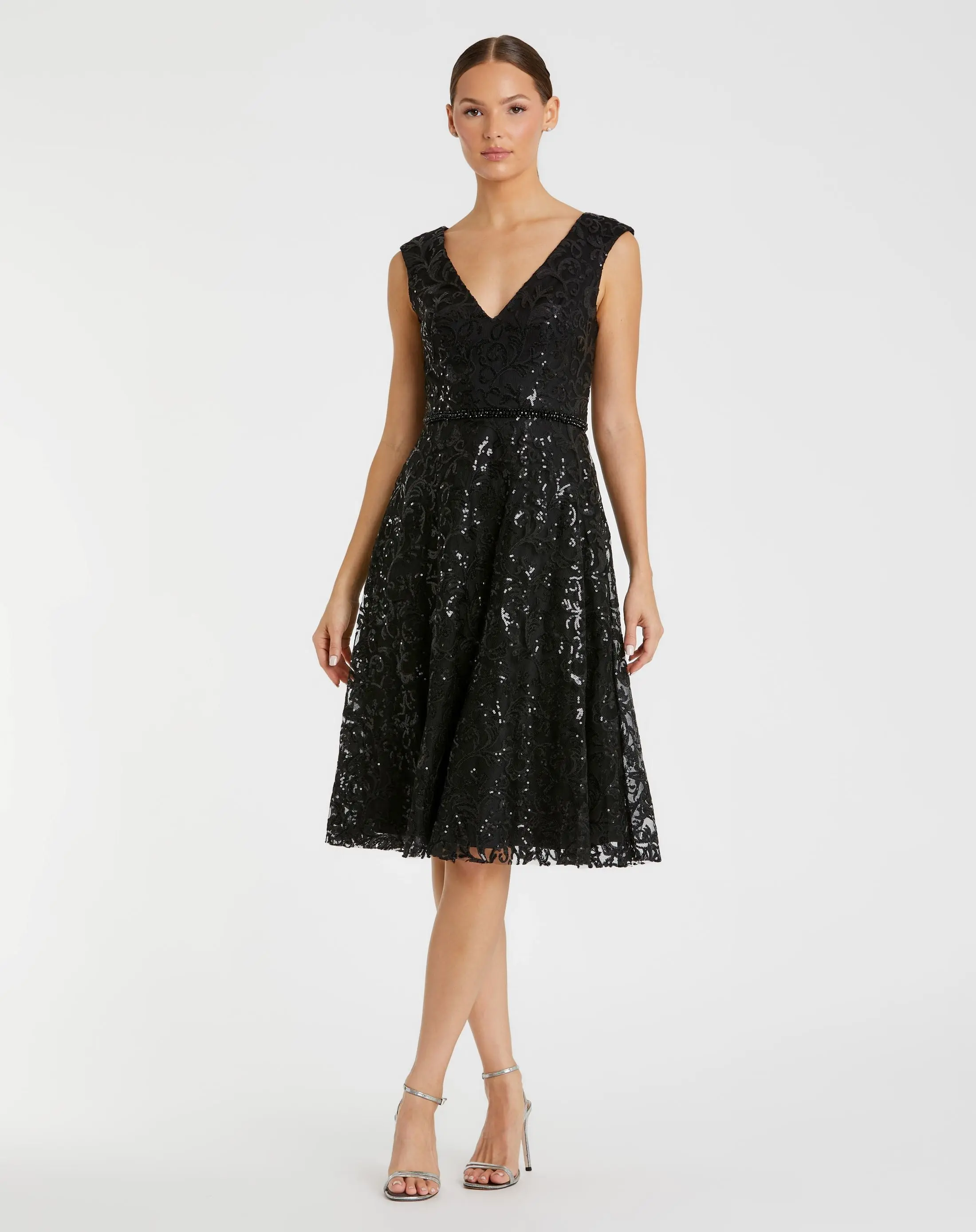 Black V Neck Cap Sleeve Sequin Dress