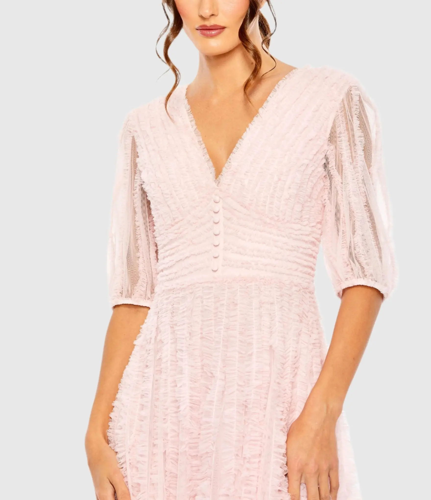 Pink V Neck Puff Sleeve Ruffle Tiered A Line Gown - Image 2