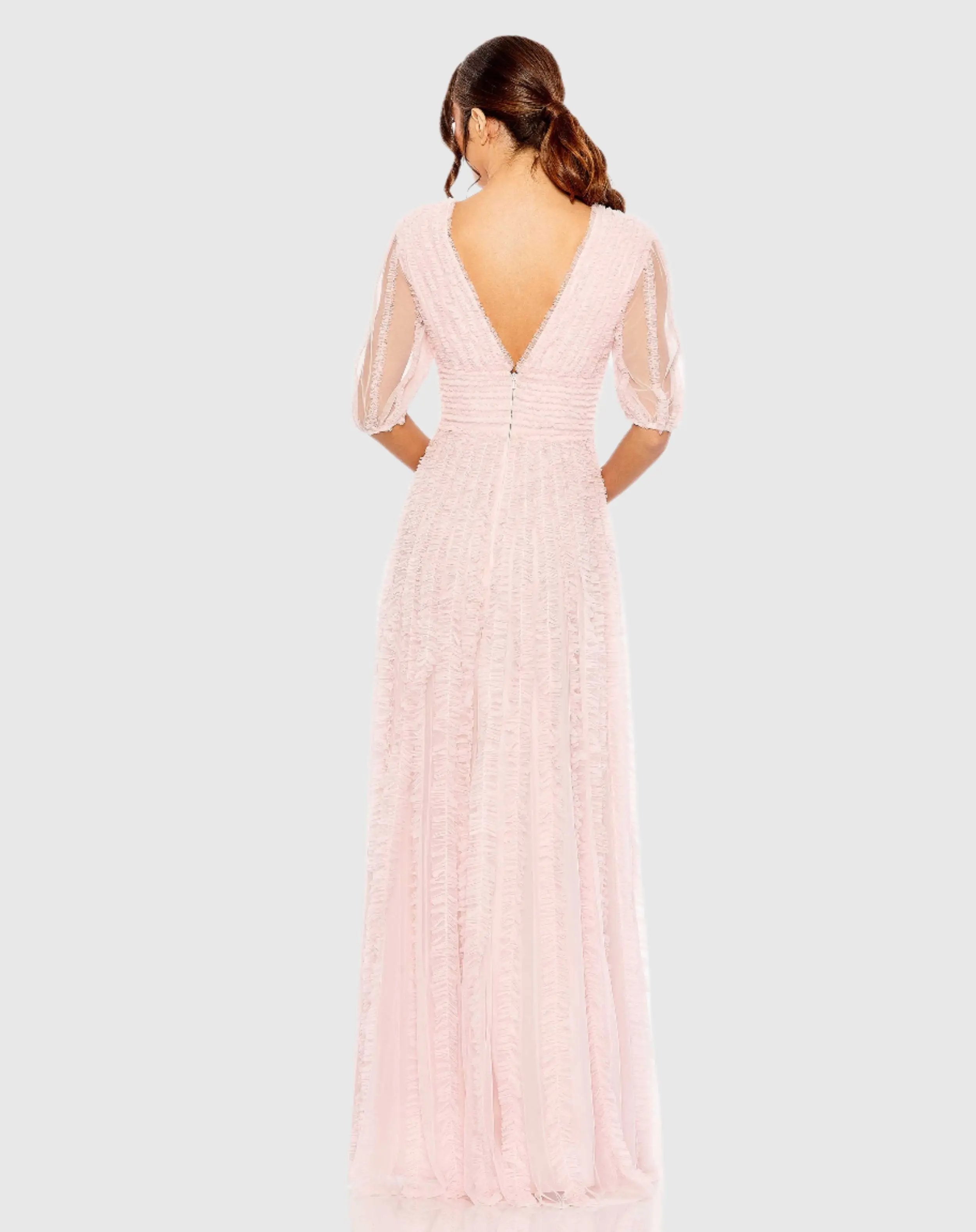 Pink V Neck Puff Sleeve Ruffle Tiered A Line Gown - Image 3