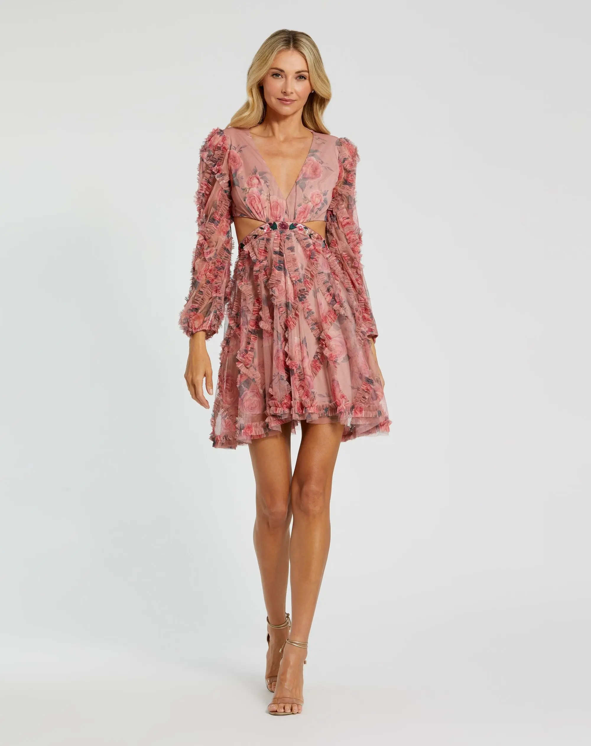 Pink Long Sleeve V Neck Cut Out Mesh Mini Dress