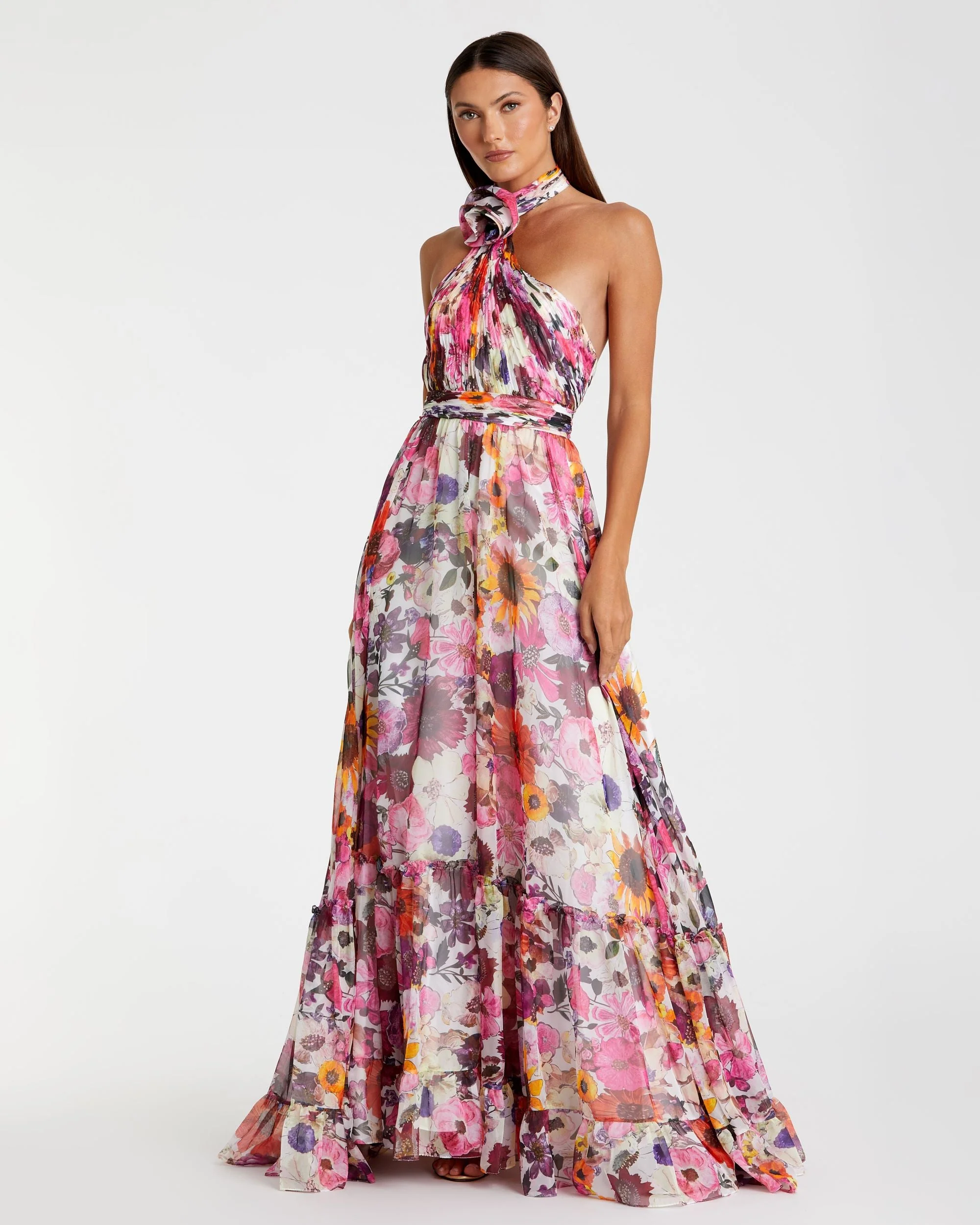 Asymmetrical Ruffled Halter Floral Gown - Image 2