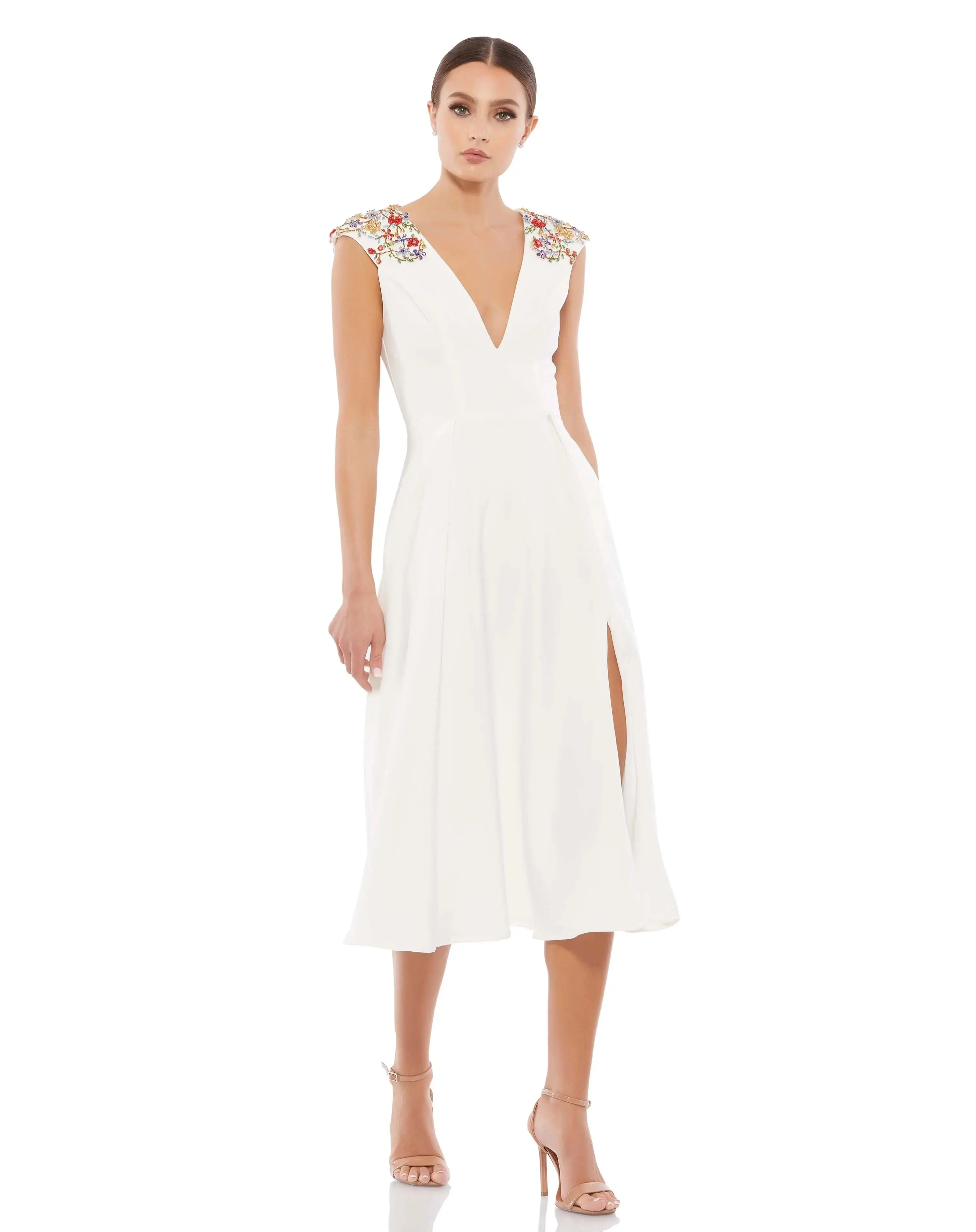 Beaded Cap Sleeve A Line Midi Dress - Image 3