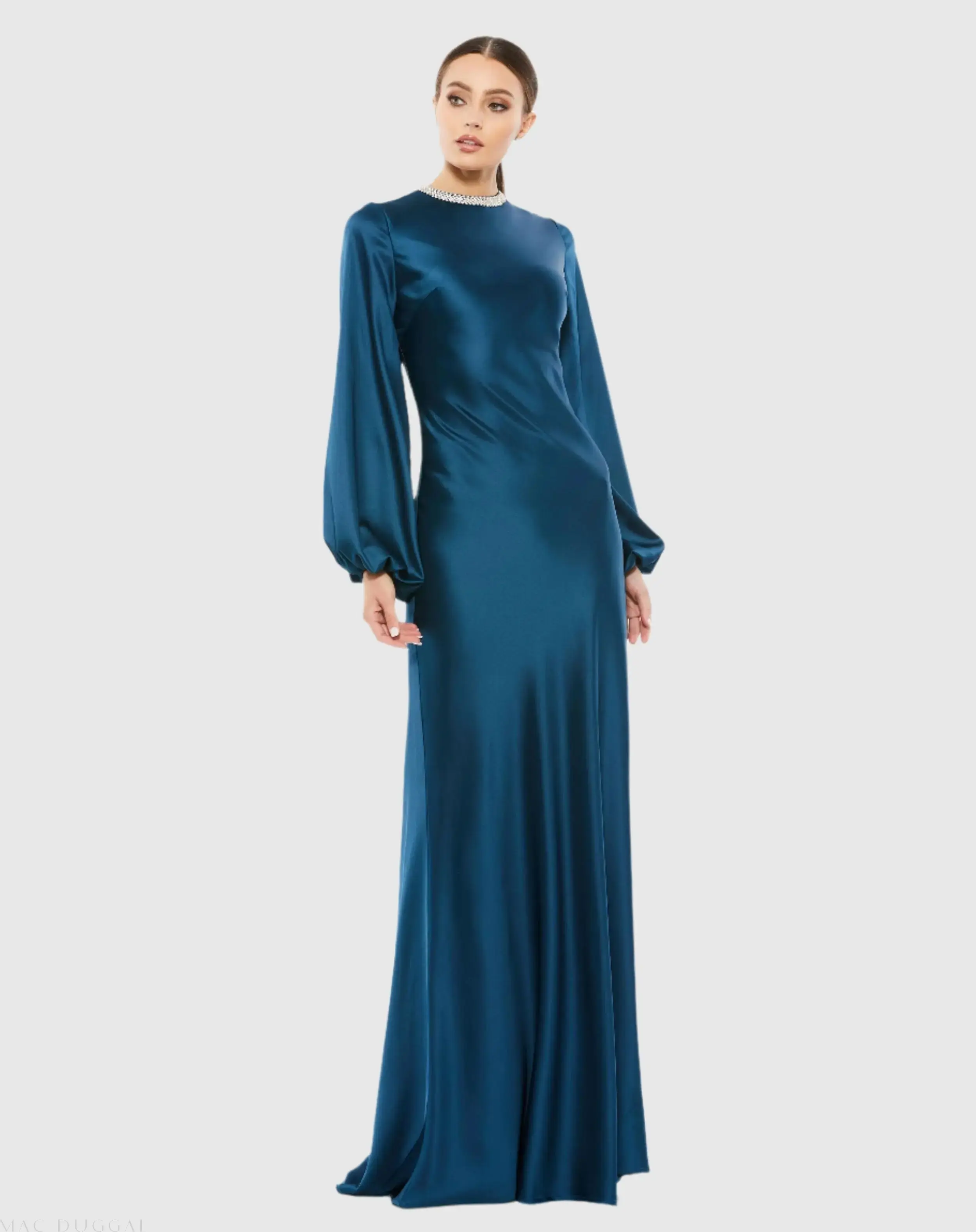 Beaded High Neck Bishop Sleeve Satin Gown - Image 2