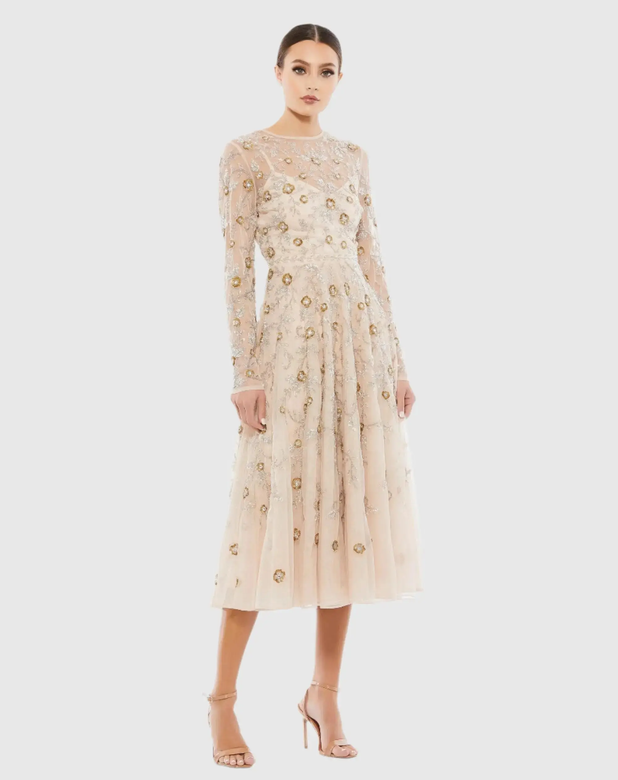 Beaded Illusion High Neck Long Sleeve A Line Gown - Image 2