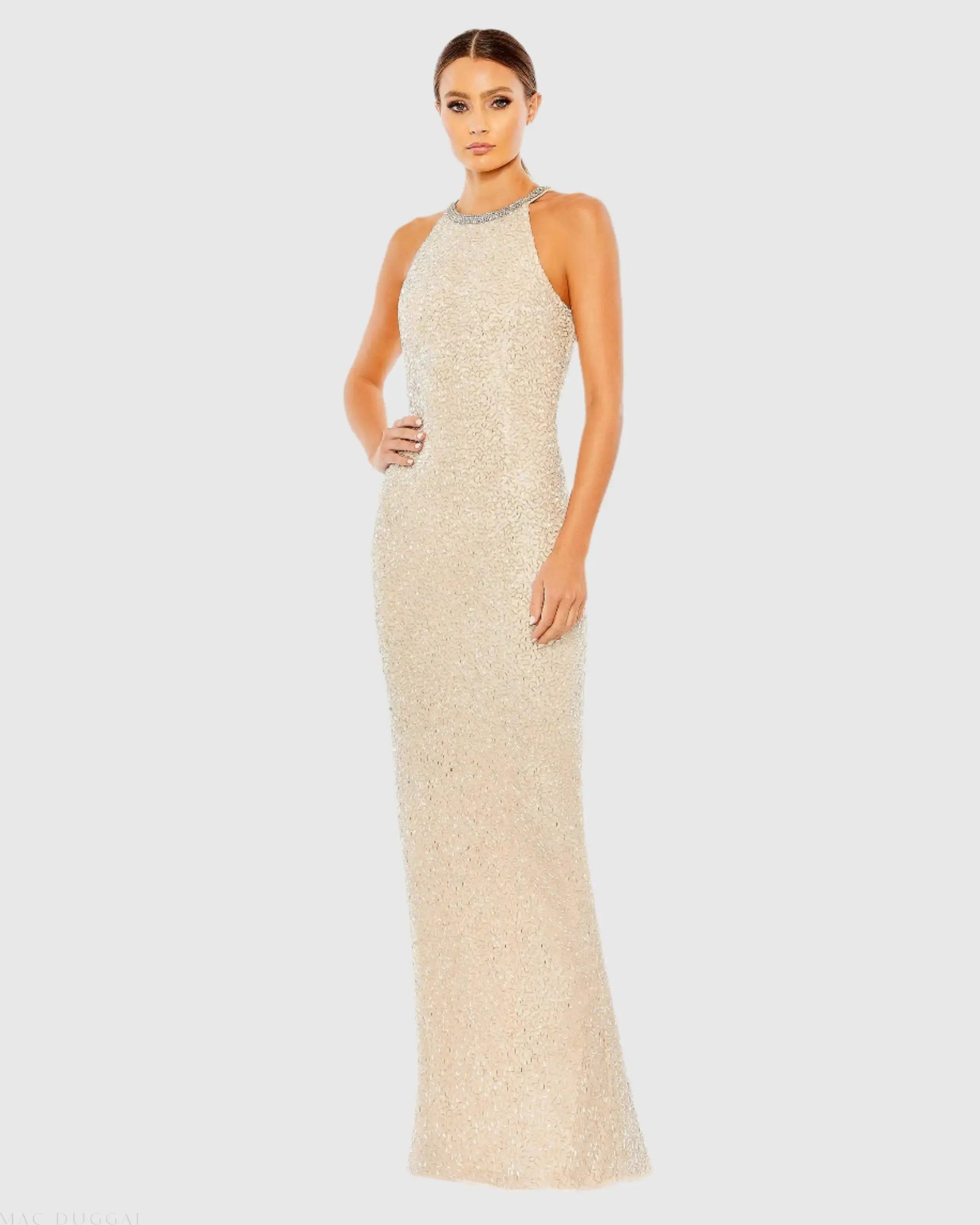 Beaded Sleeveless High Neck Column Gown - Image 3