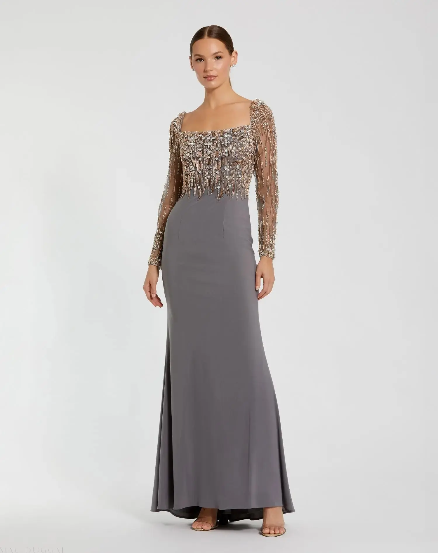 Beaded Square Neck Long Sleeve Jersey Gown - Image 2