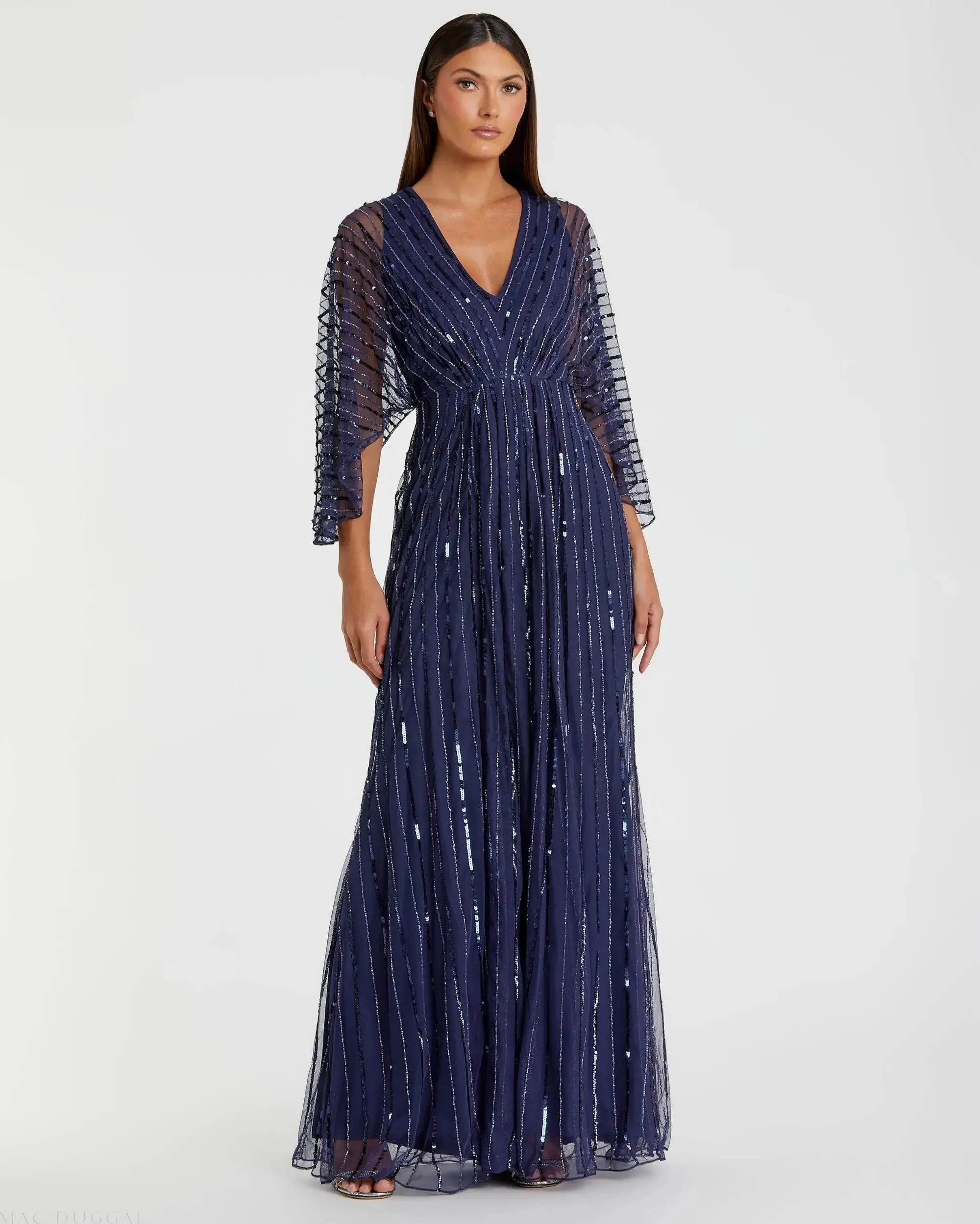 Navy Beaded Striping Kimono Sleeve V Neck Gown - FINAL SALE