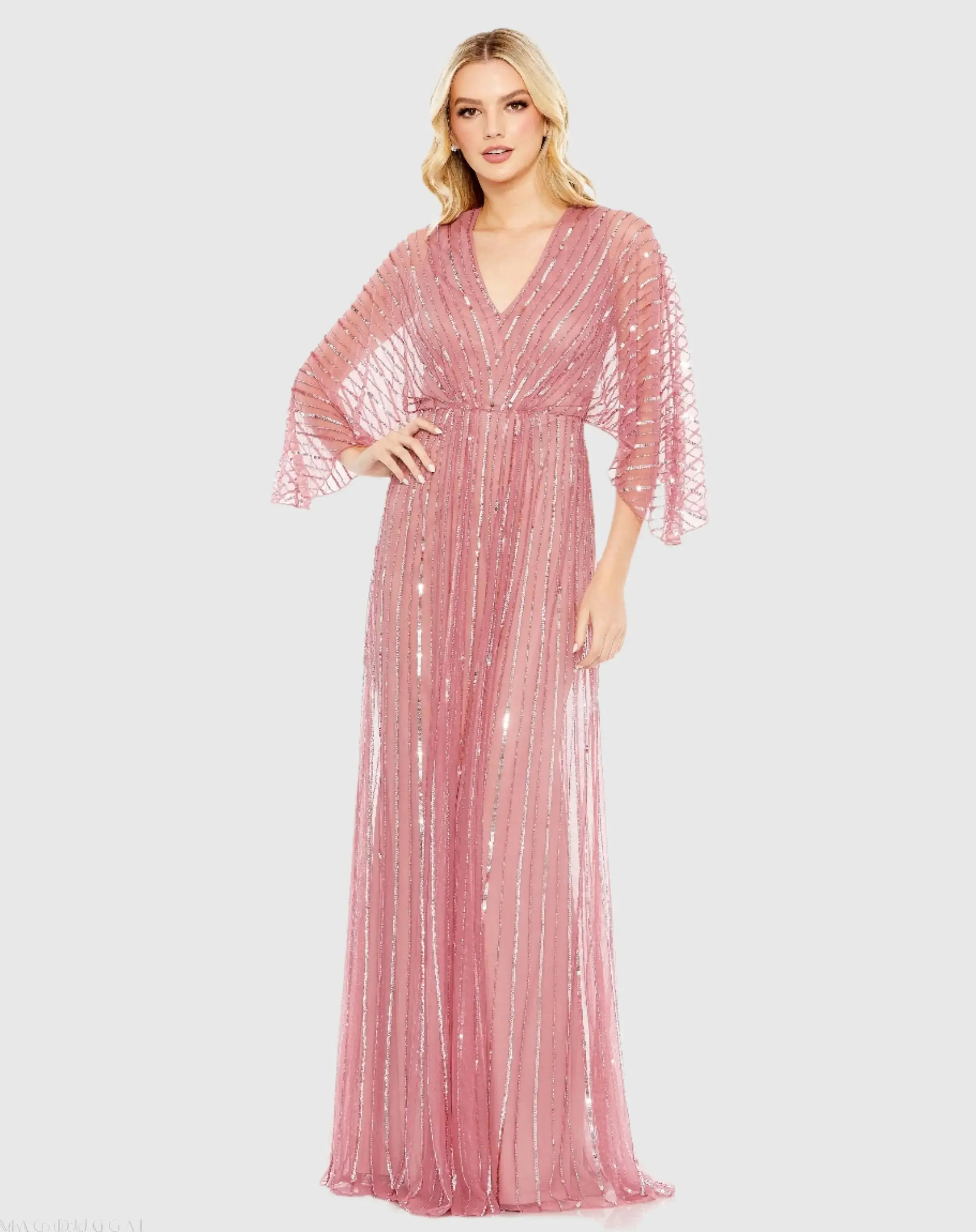Beaded Striping Kimono Sleeve V Neck Gown - Image 3