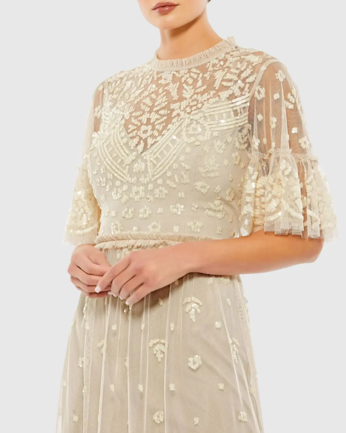 Beige Embellished Illusion High Neck Mini Dress - Image 2