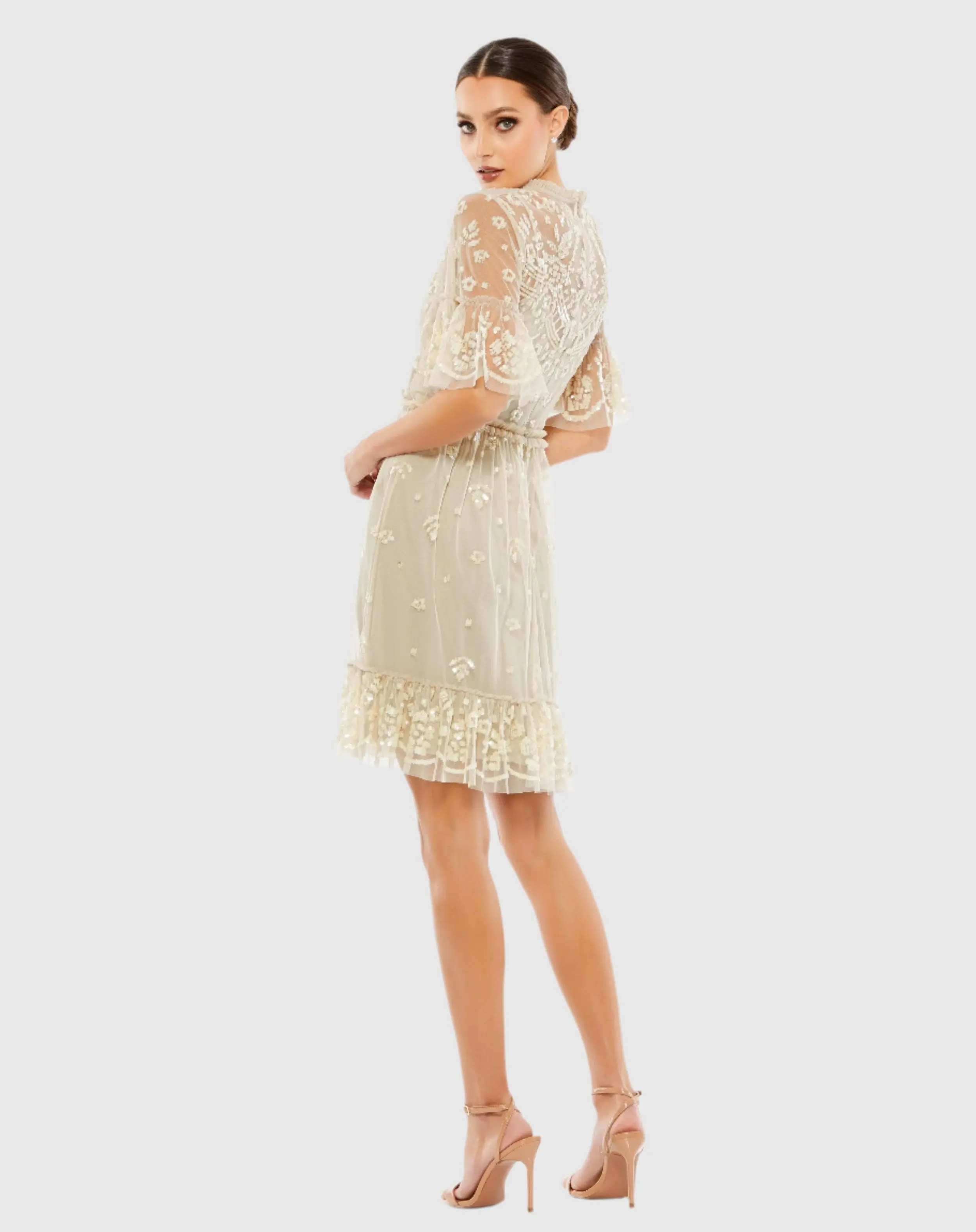 Beige Embellished Illusion High Neck Mini Dress - Image 3