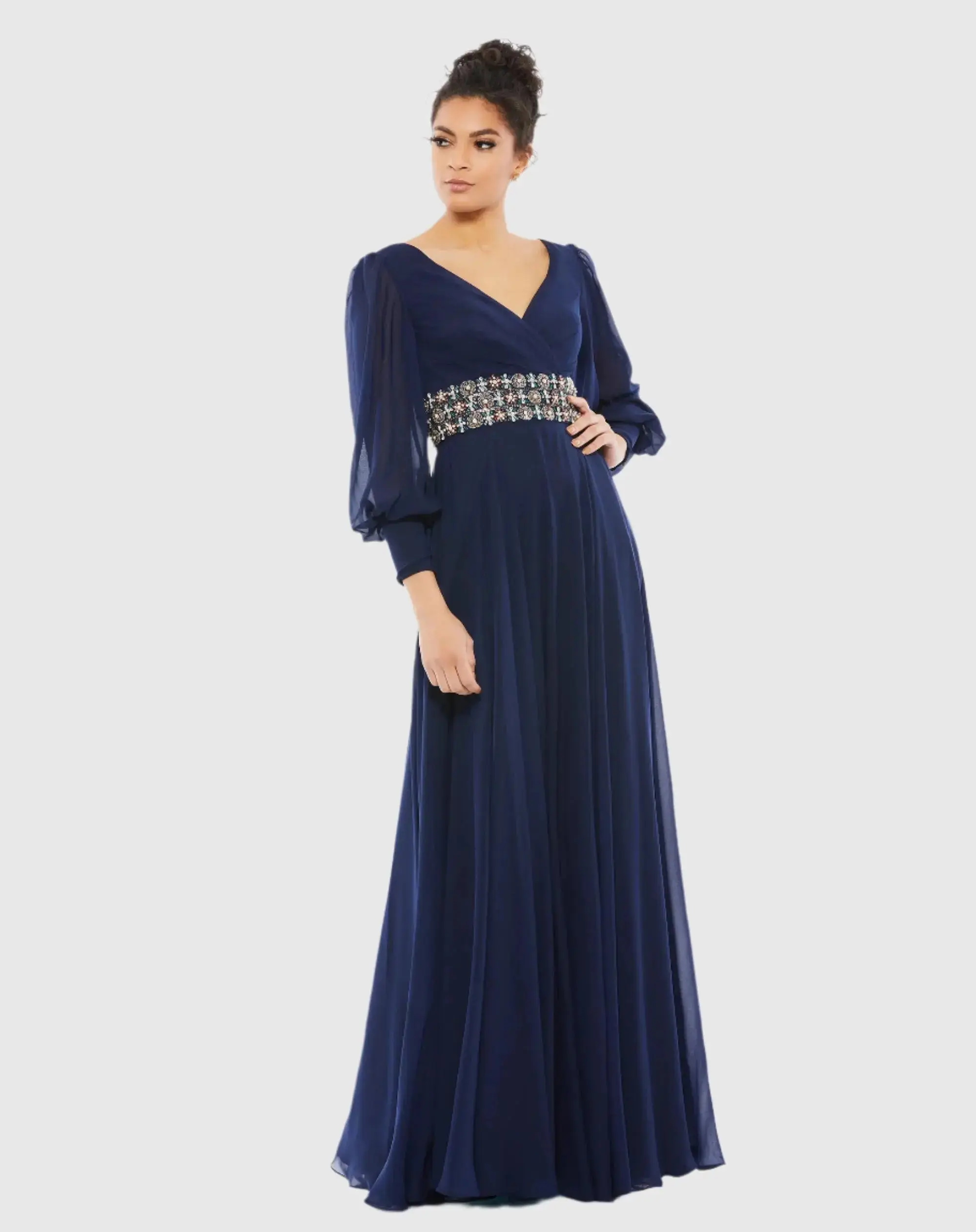 Bishop Sleeve Wrap Over Belt Detail Flowy Gown - Image 2