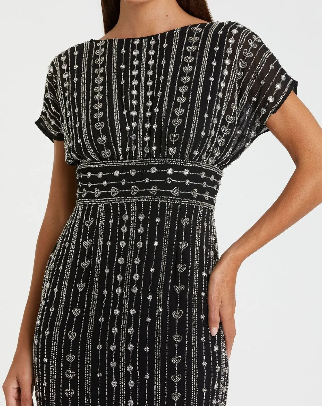 Black Beaded Cap Sleeve Empire Waist Sheath Midi Dress - Image 2