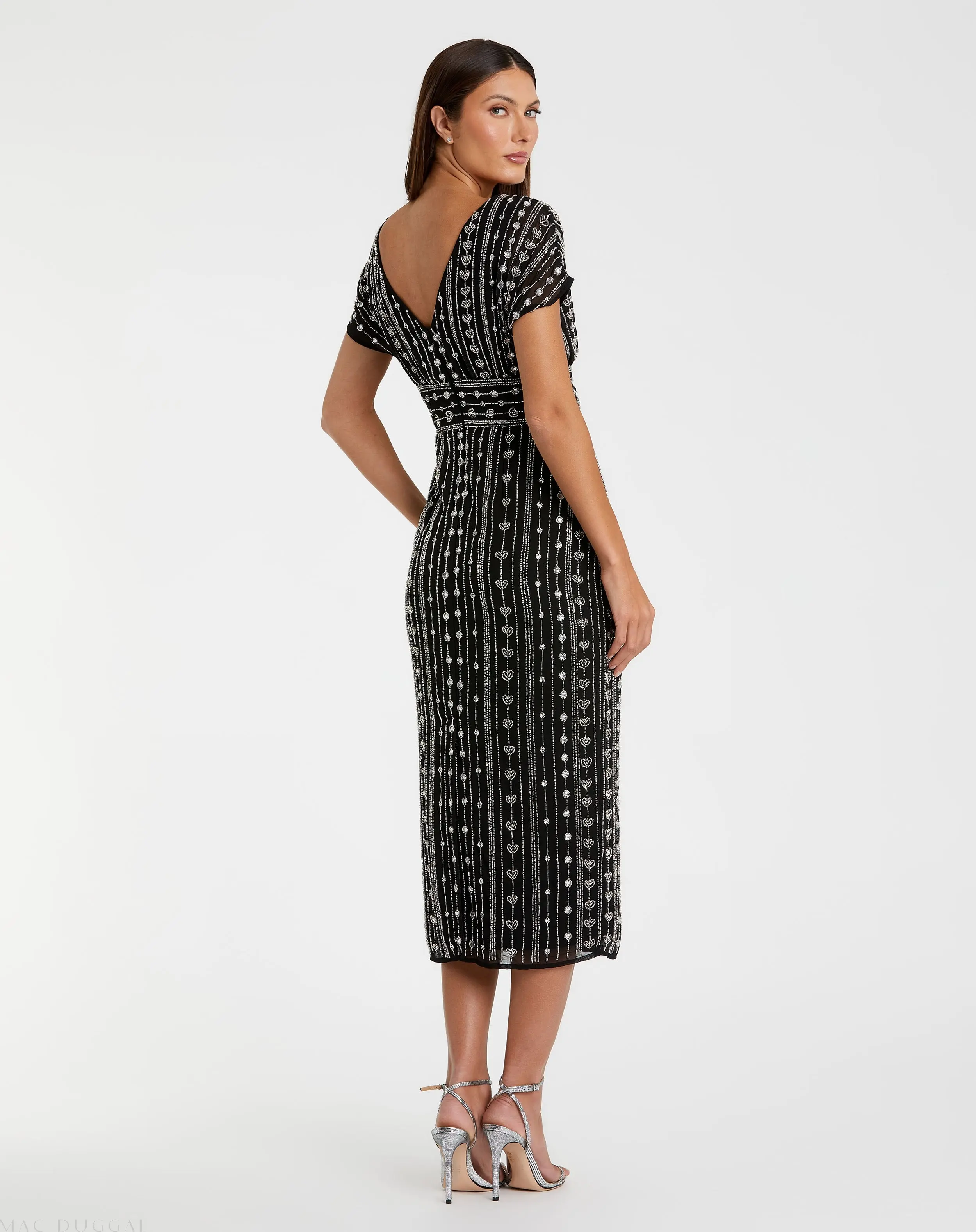 Black Beaded Cap Sleeve Empire Waist Sheath Midi Dress - Image 3