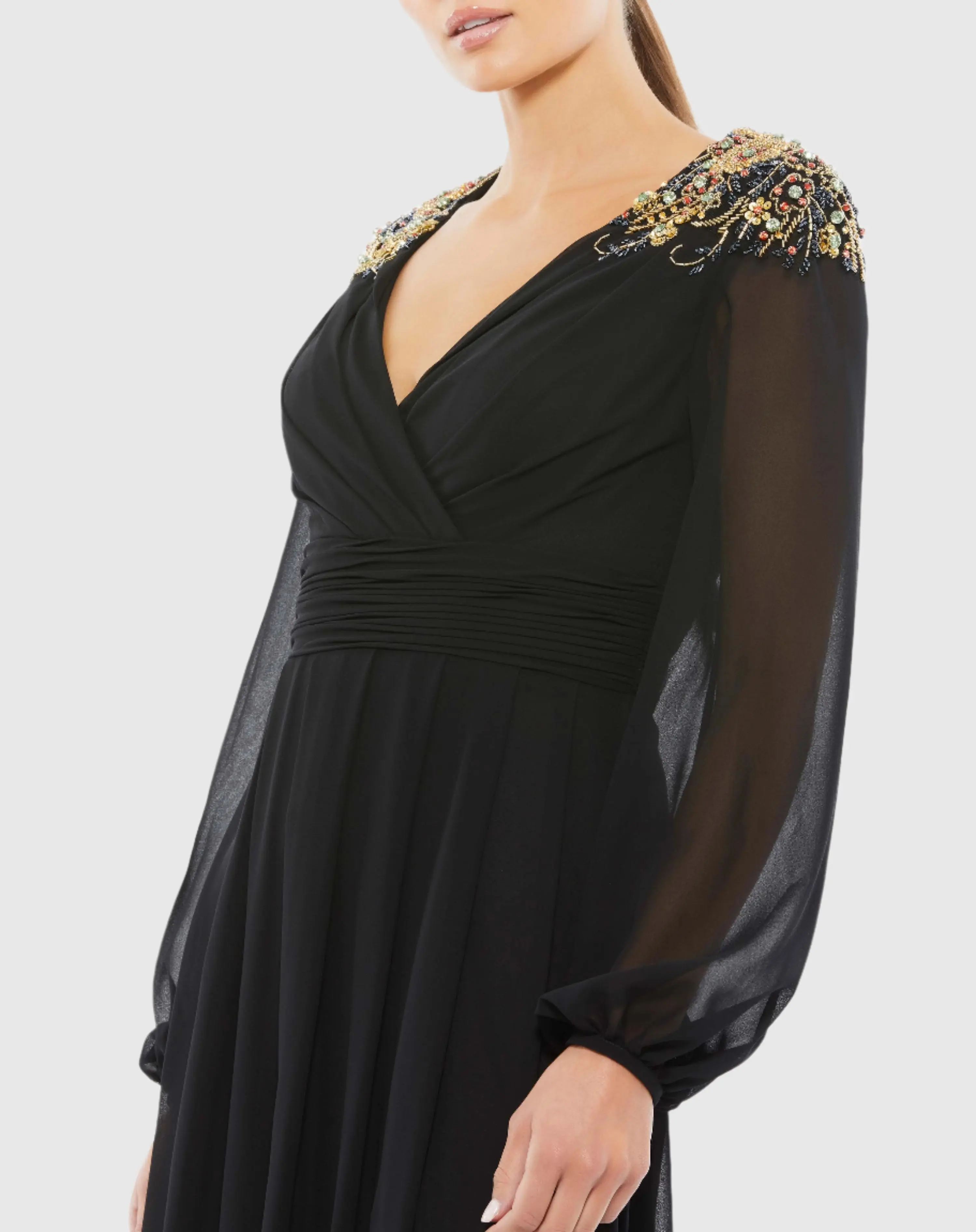 Black Embellished Shoulder Blouson Sleeve Evening Gown - Image 2