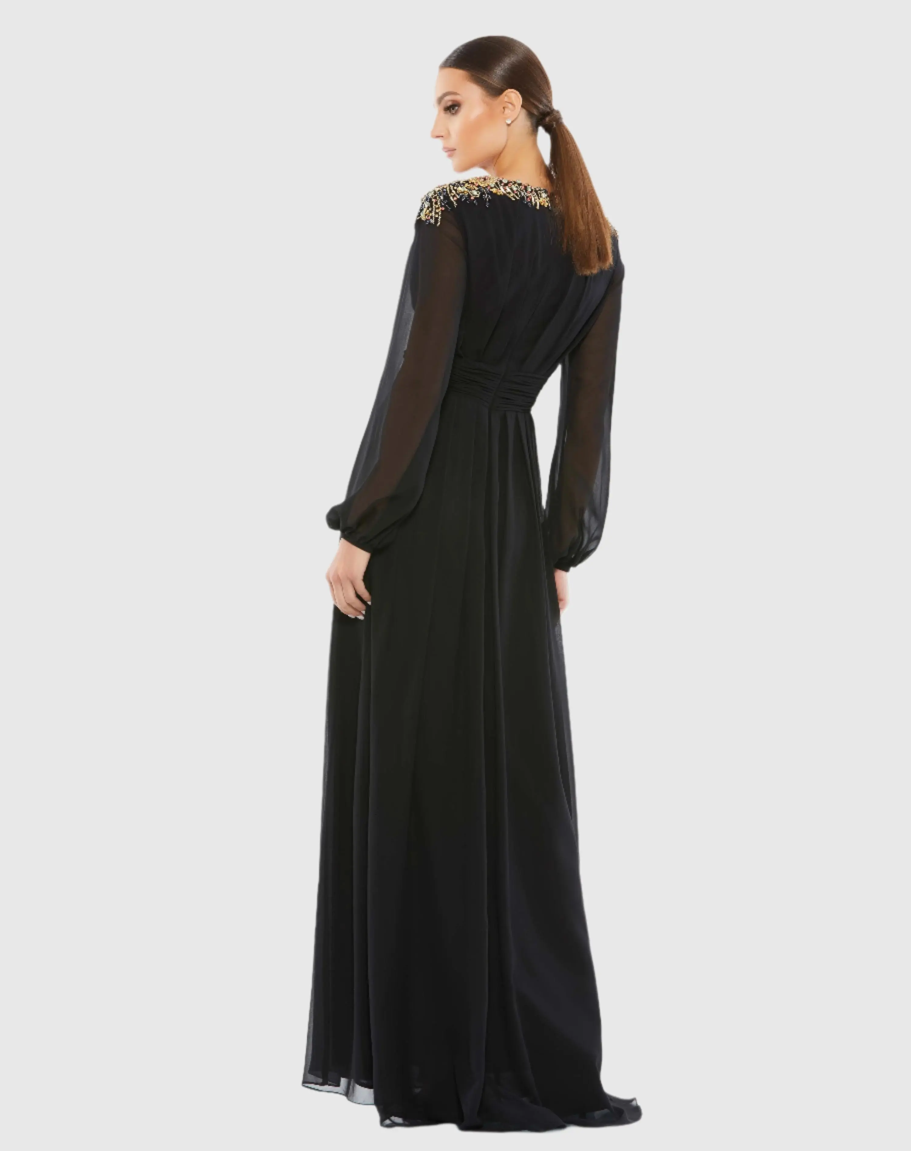 Black Embellished Shoulder Blouson Sleeve Evening Gown - Image 3
