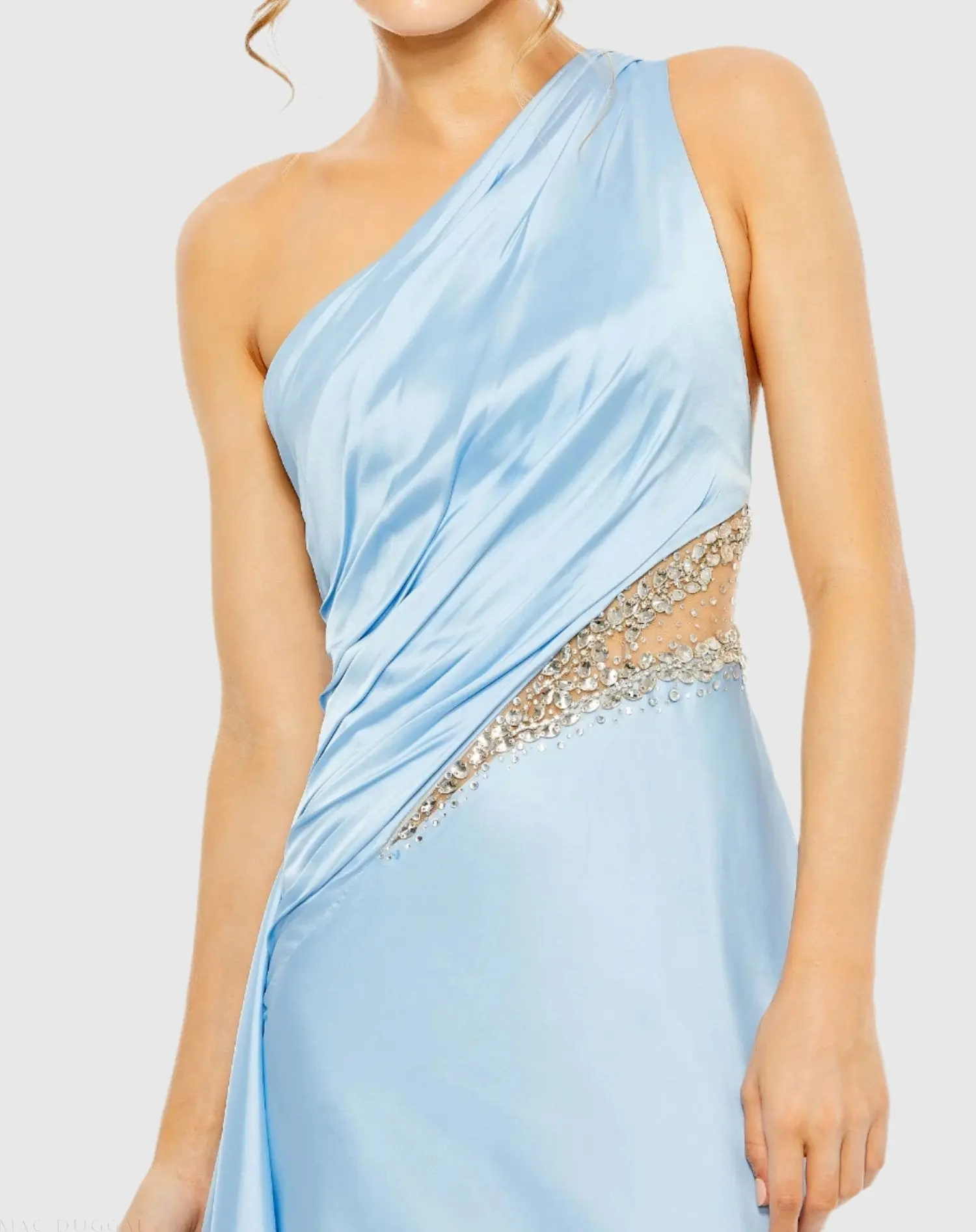 Blue One Shoulder Charmeuse Gown With Beaded Cutout - Image 2