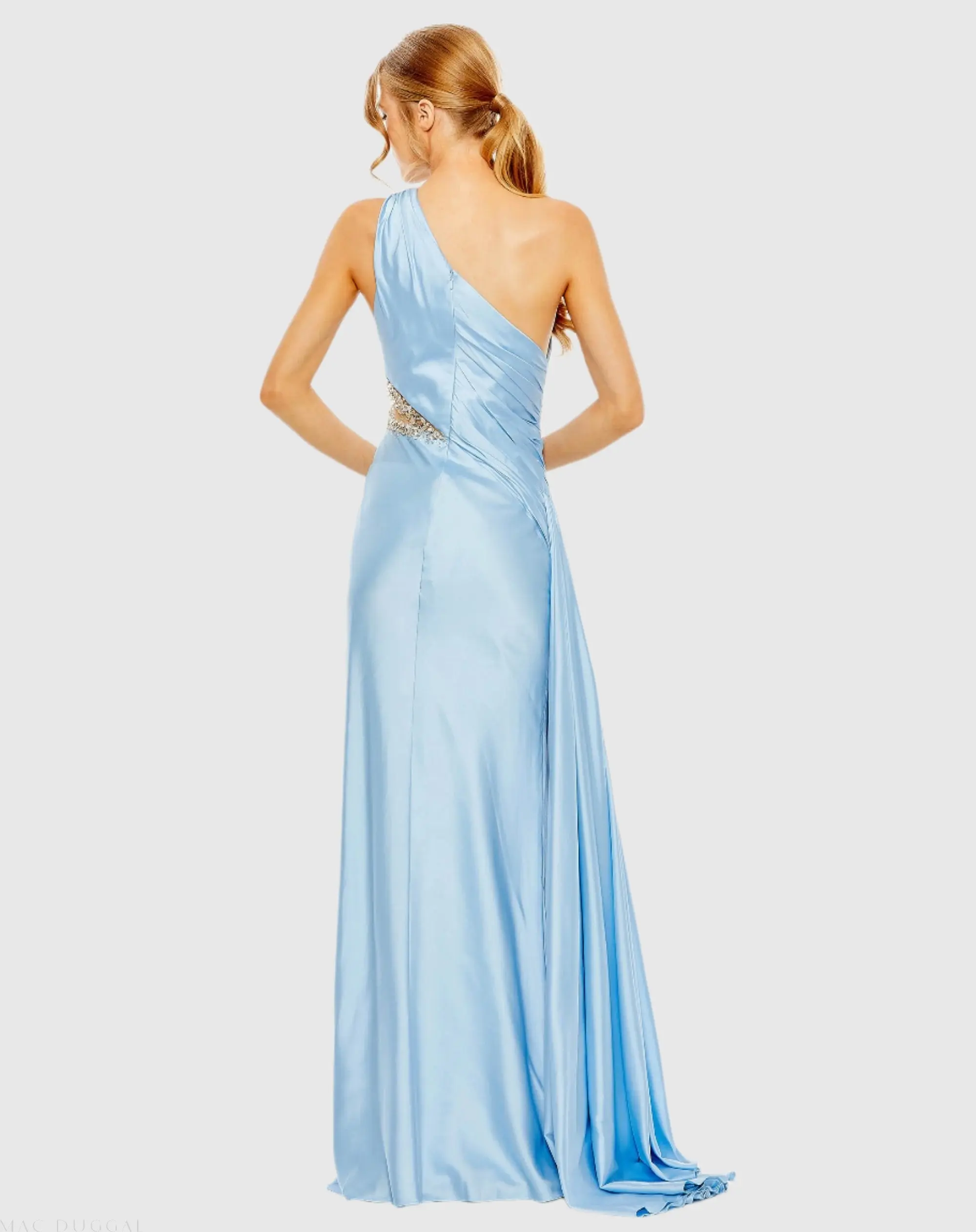 Blue One Shoulder Charmeuse Gown With Beaded Cutout - Image 3