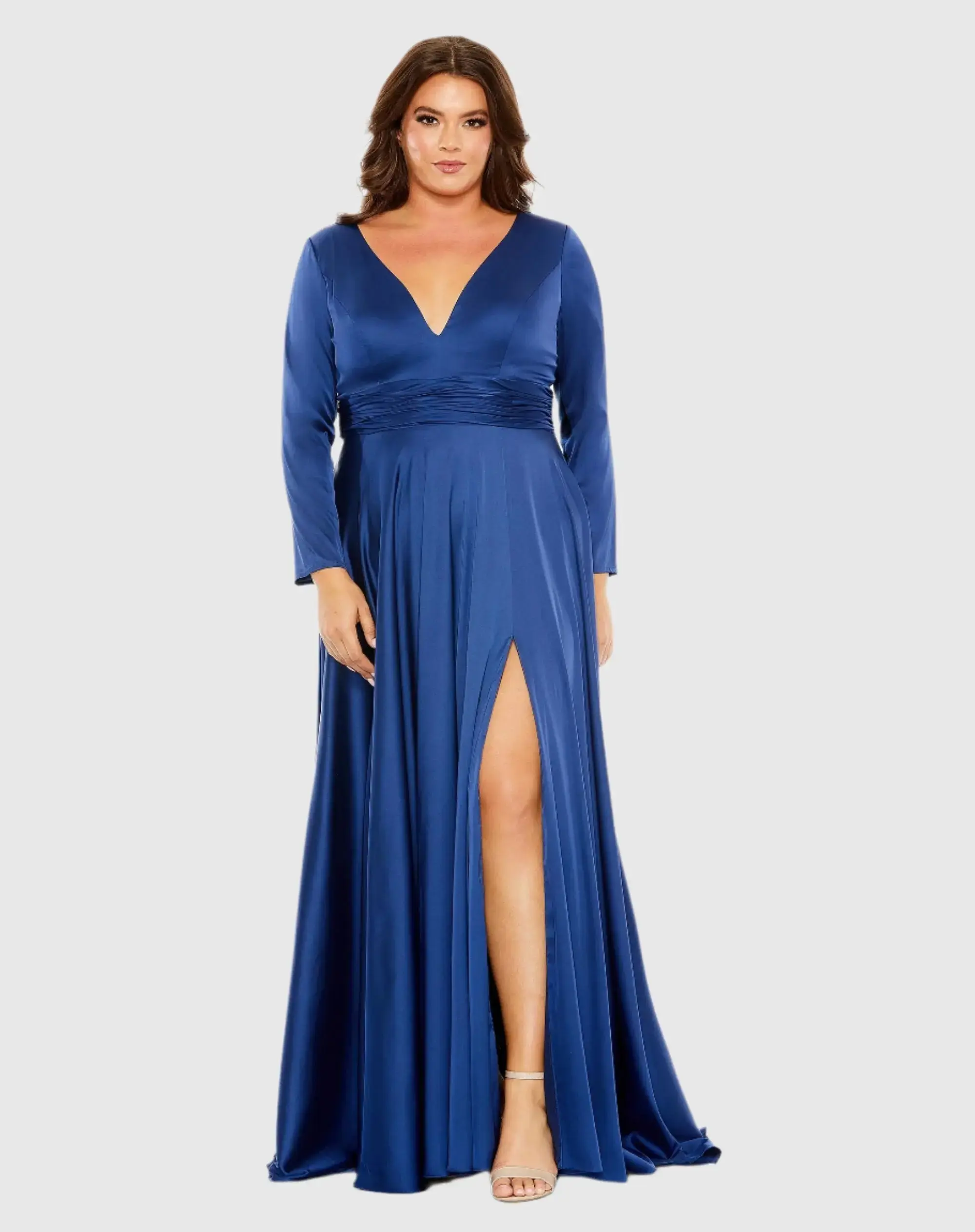 Blue Long Sleeve V Neck A Line Gown - FINAL SALE