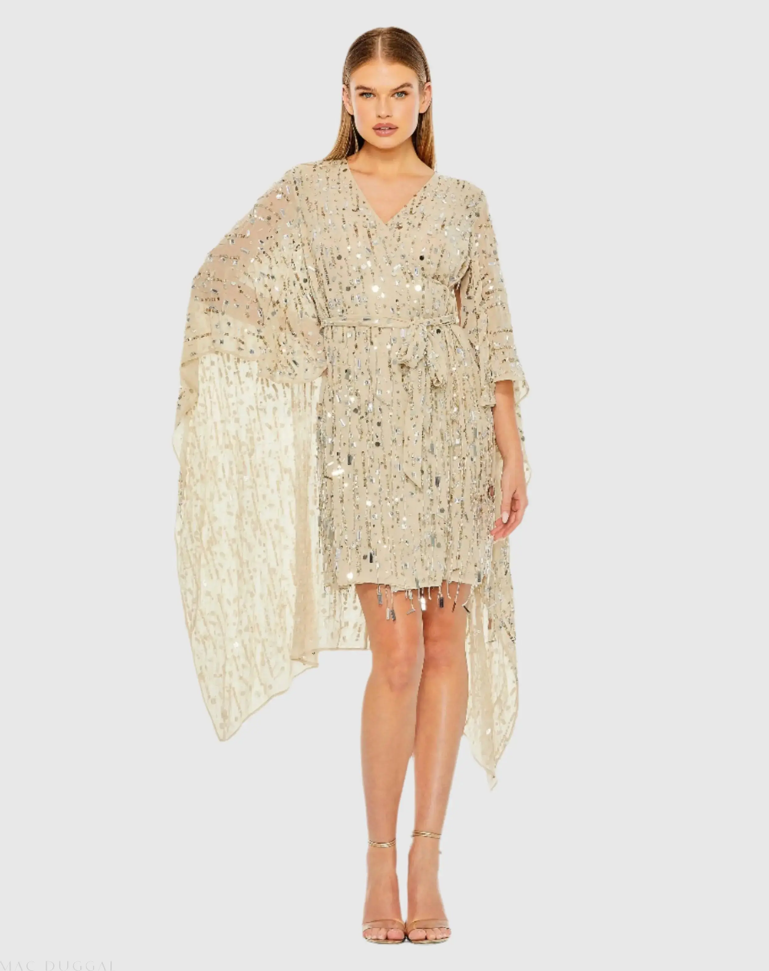 Cape Back Fringe Beaded Robe Dress - Image 2