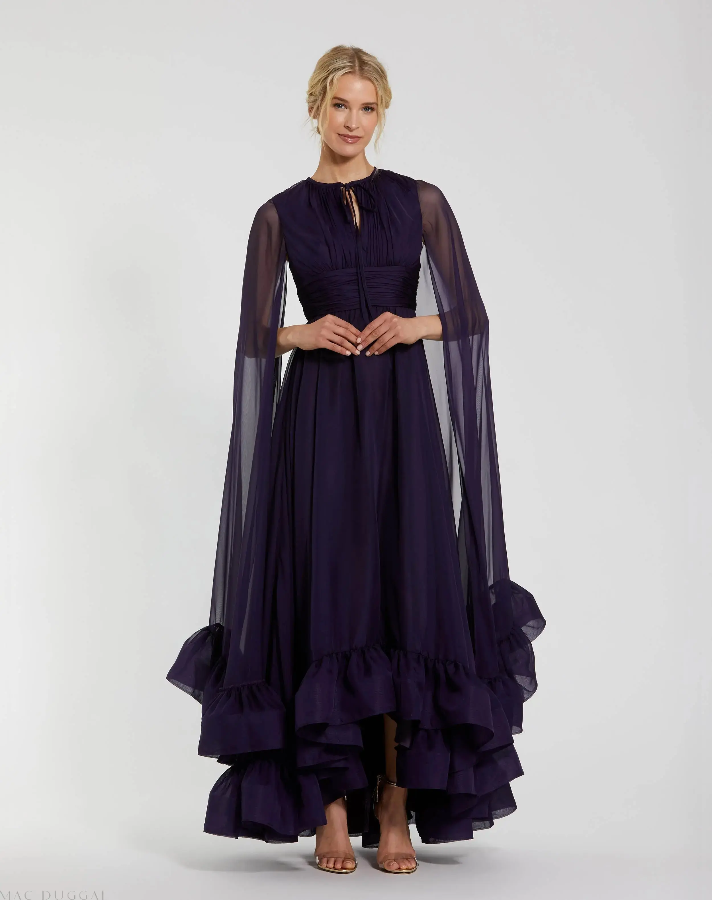 Chiffon Cape Sleeve Ankle-Length Dress With Keyhole - Image 2