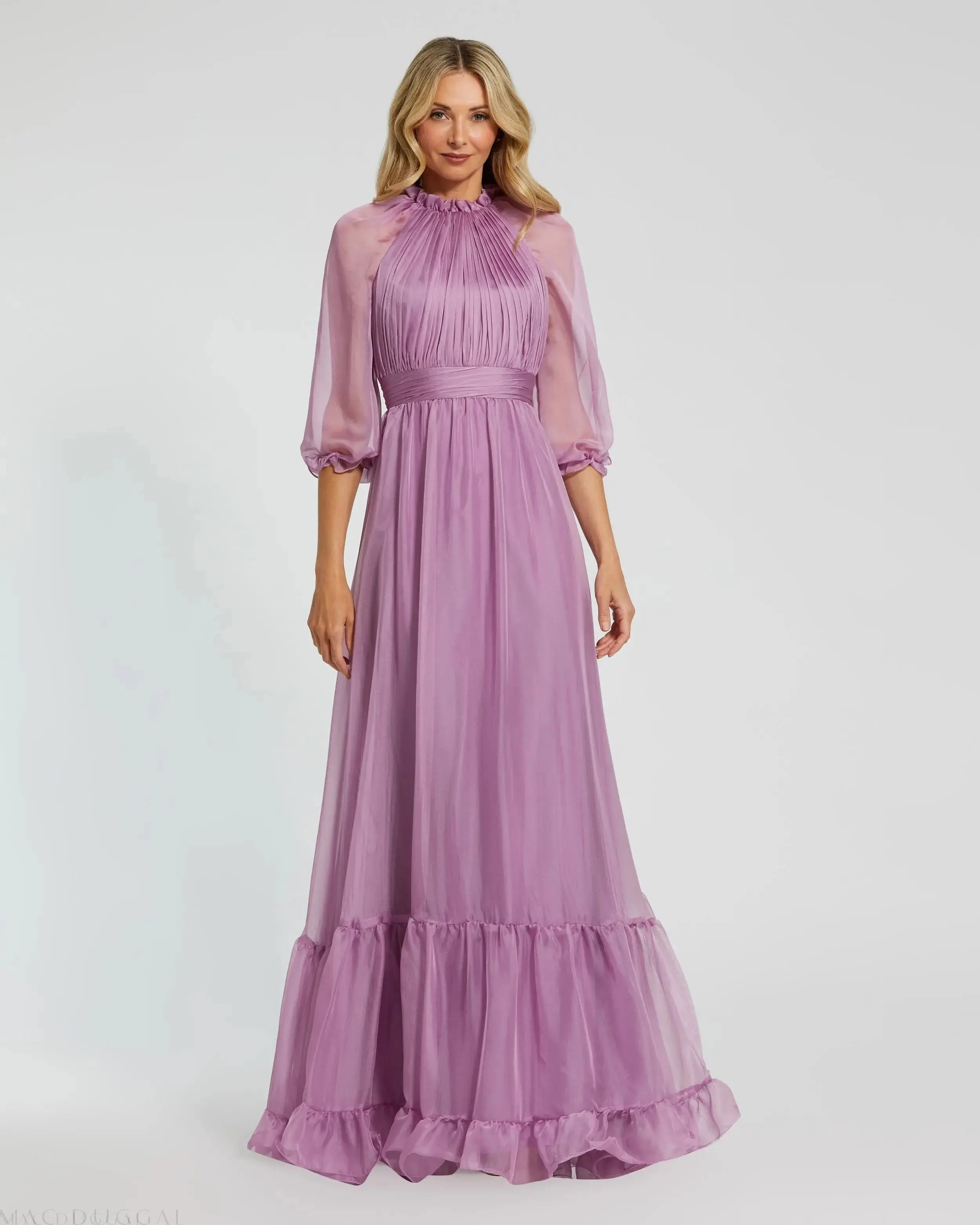 Chiffon Ruched Illusion Raglan Sleeve Ruffled Gown - Image 2