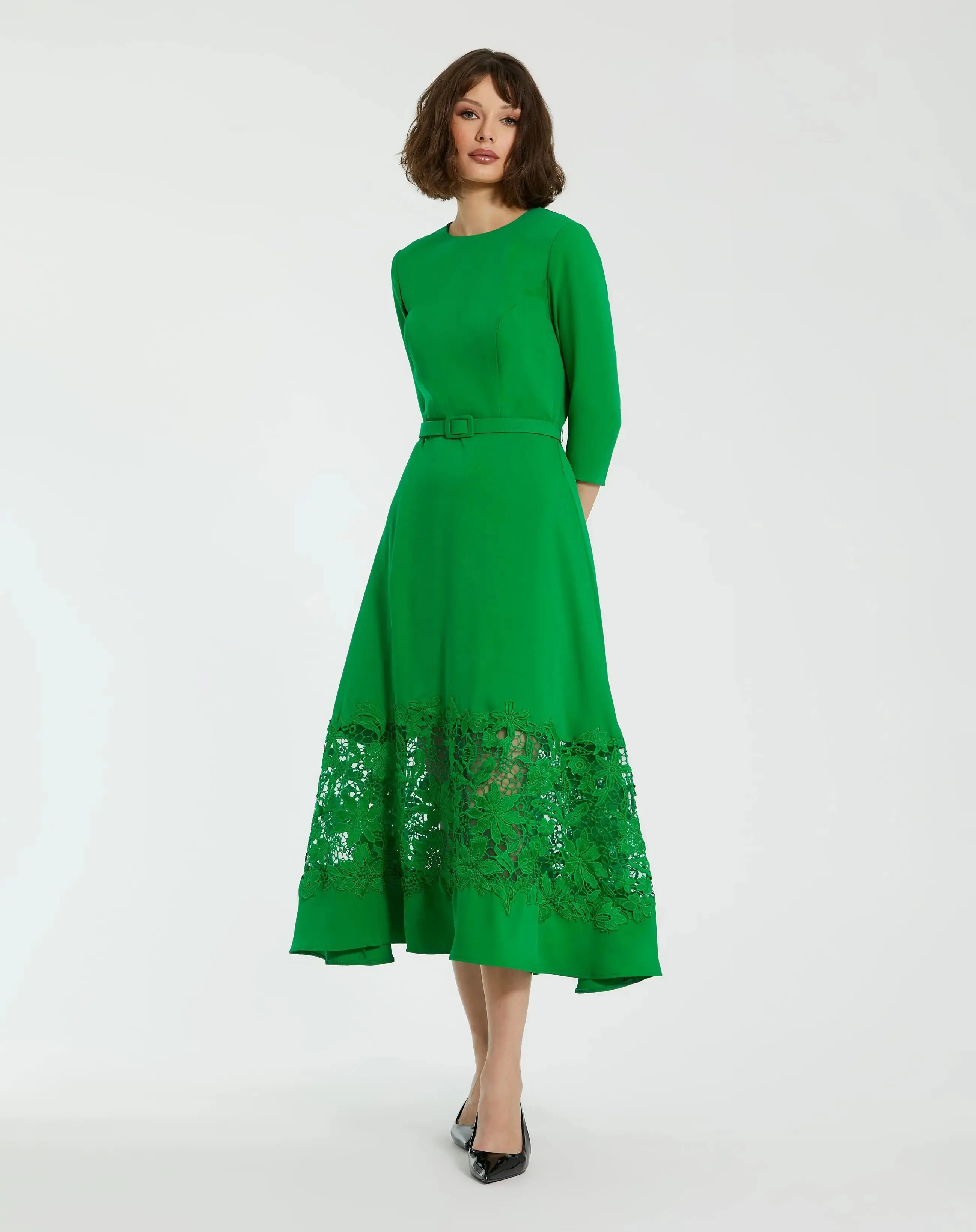 Crepe Boat Neck Midi Dress With Applique Cut Out - Image 2