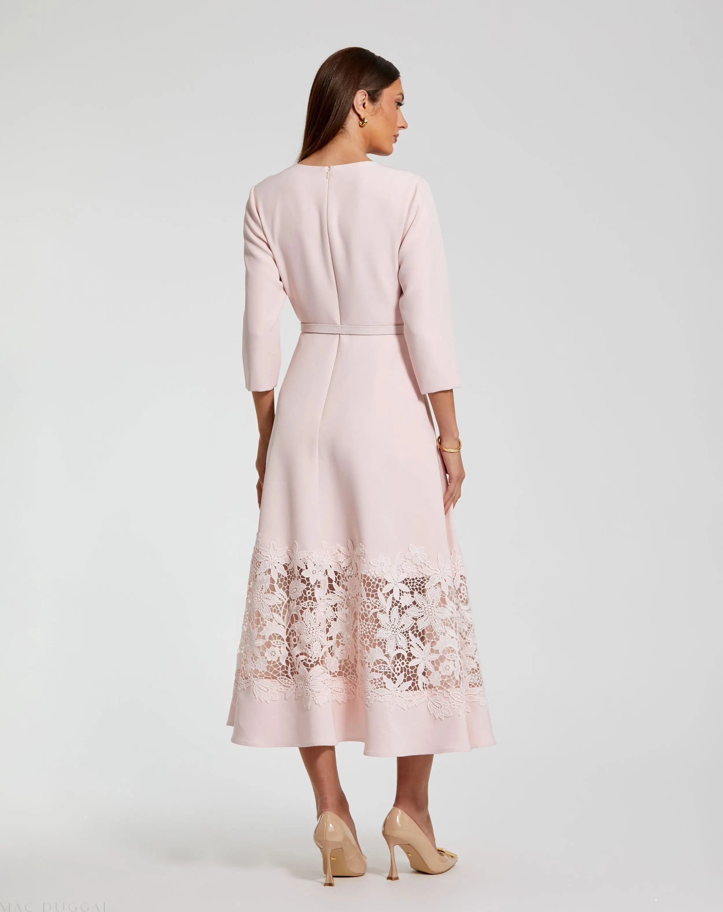 Pink Crepe Boat Neck Midi Dress With Applique Cut Out - Image 4