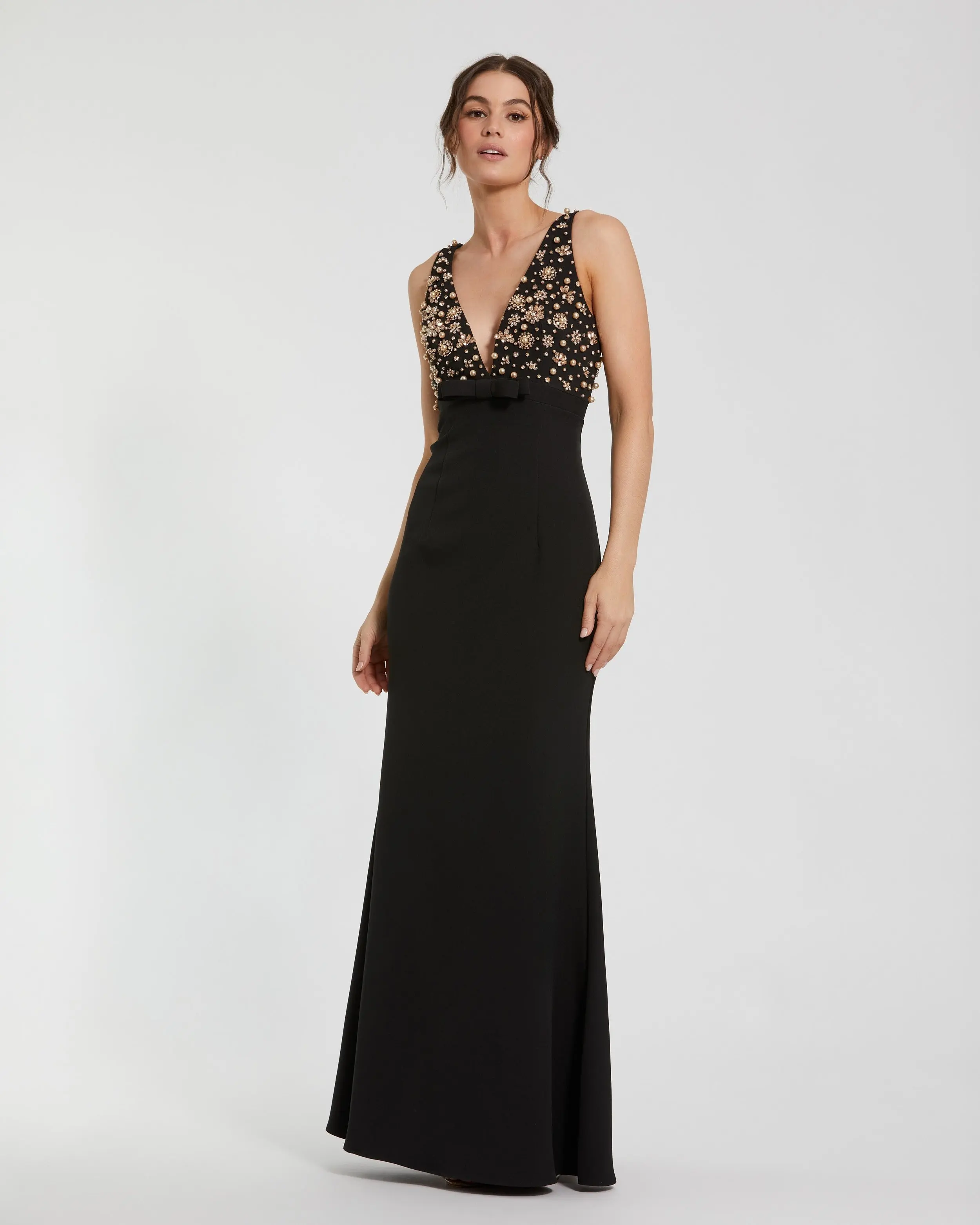 Crepe Sleeveless Beaded V Neck Gown With Bow